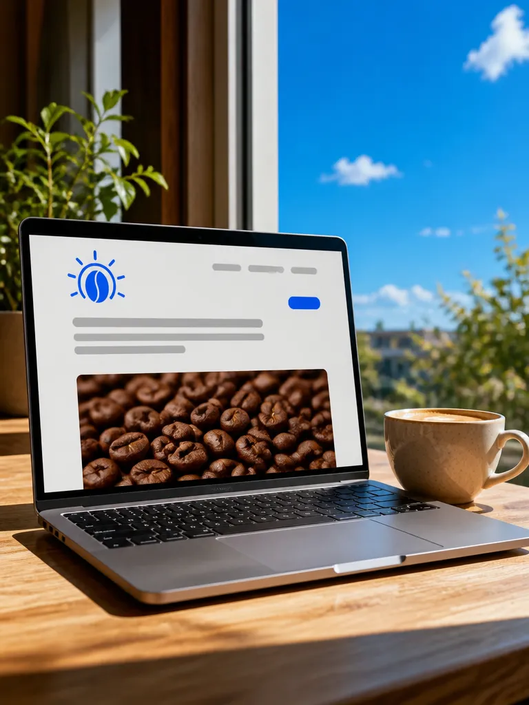 A laptop showing the coffee shop's website with the logo in its header