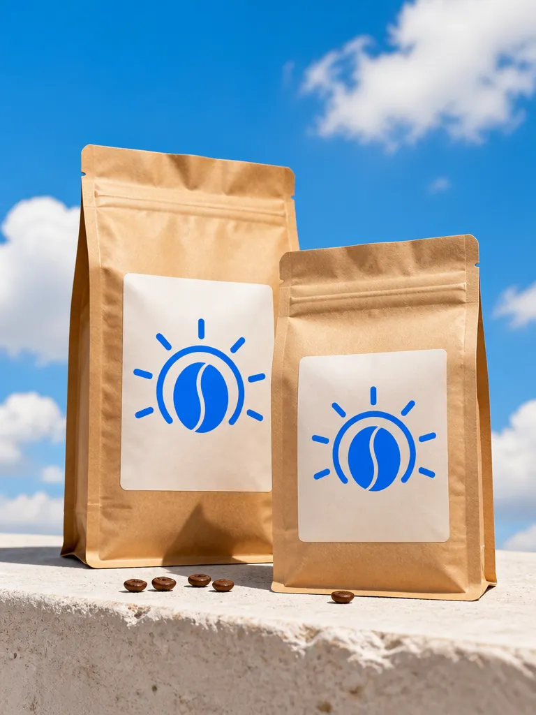Two coffee bags with the logo on their labels