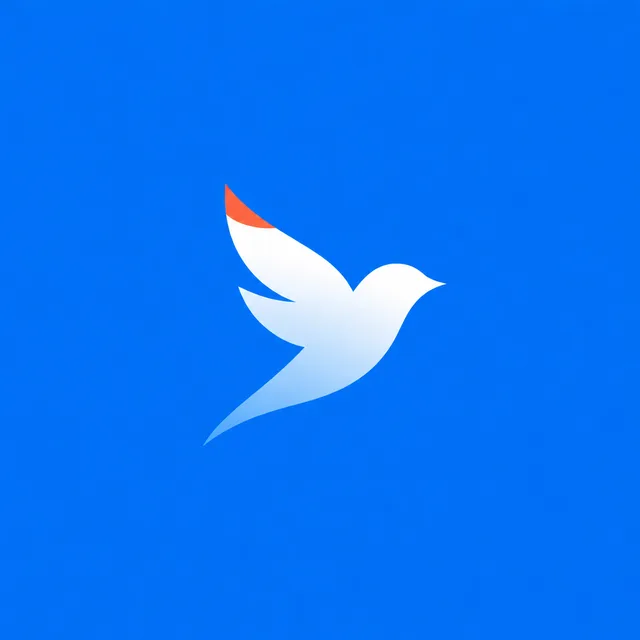 A bird logo with a white to blue gradient
