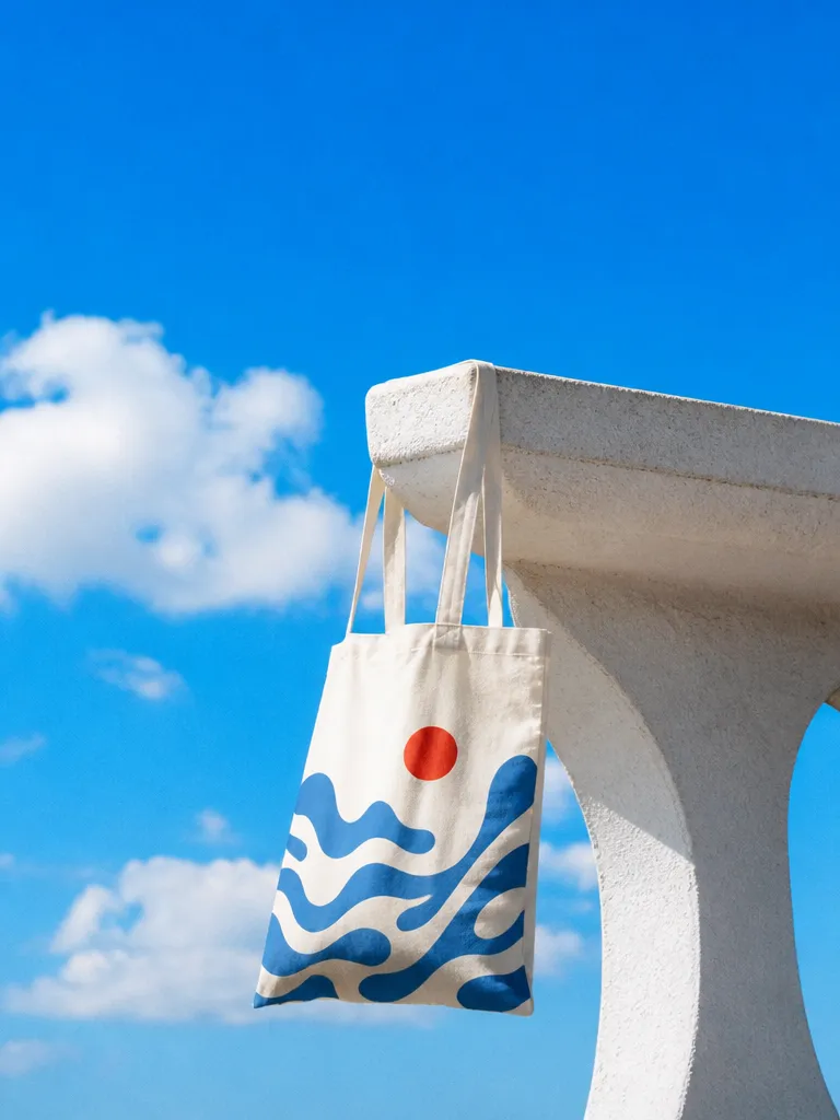 The same tote bag styled on a stone bench outdoors