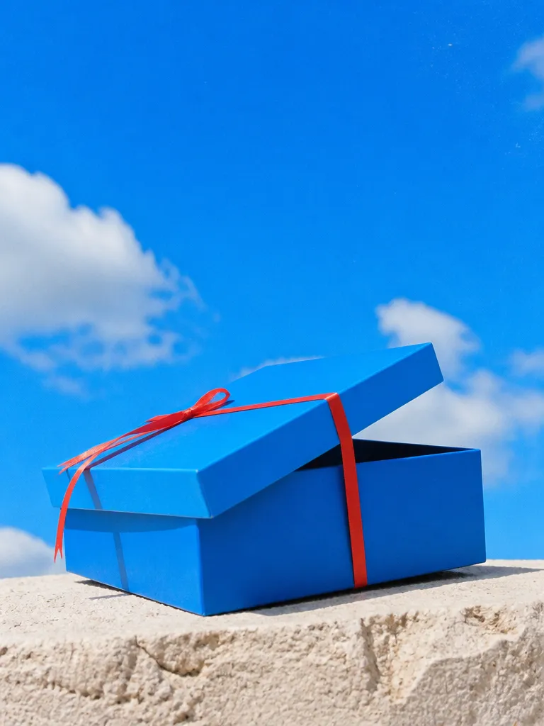 A blue gift box with a red ribbon on a stone ledge