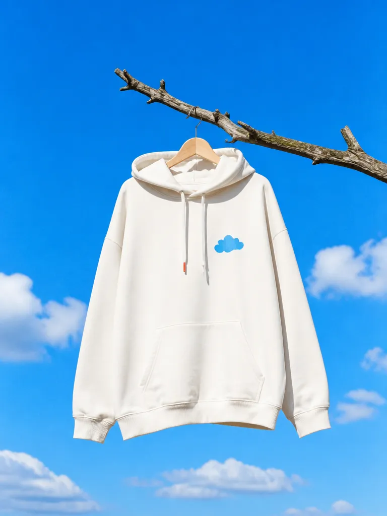 An off-white hoodie on a hanger against the sky