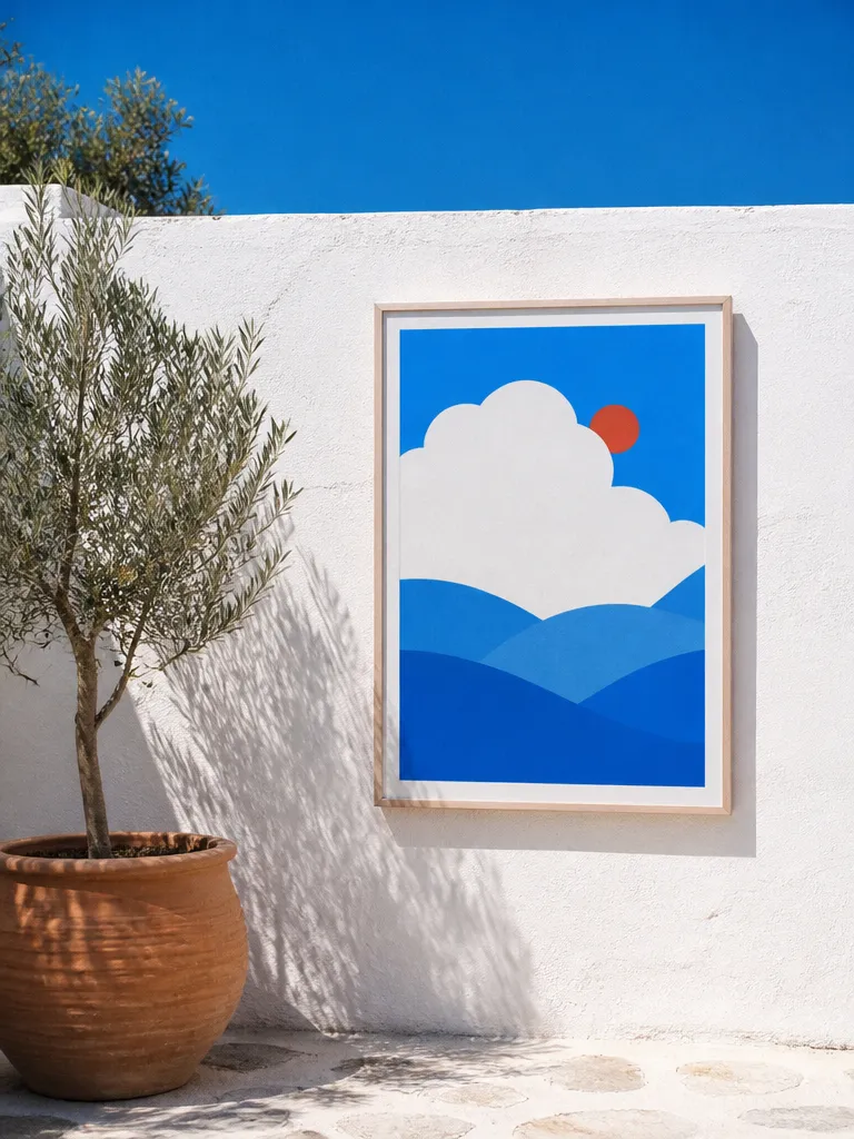 A framed poster on a whitewashed wall