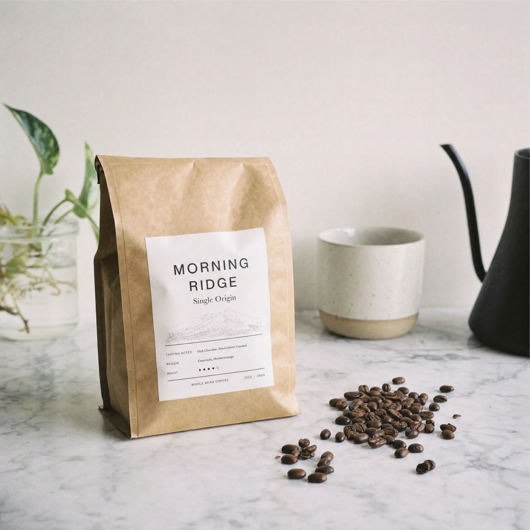 A kraft coffee bag labelled Morning Ridge on marble