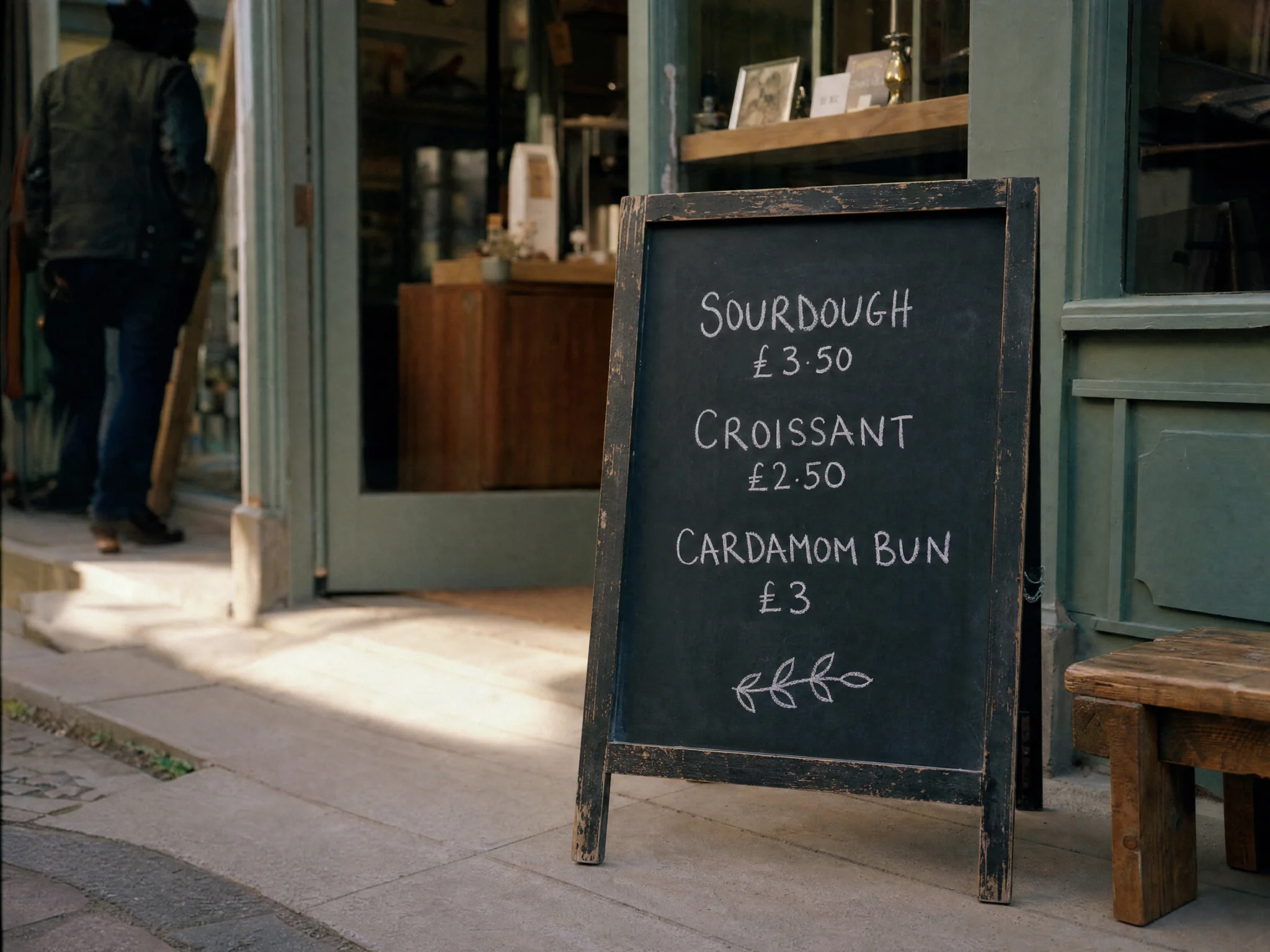 A handwritten menu board outside a bakery