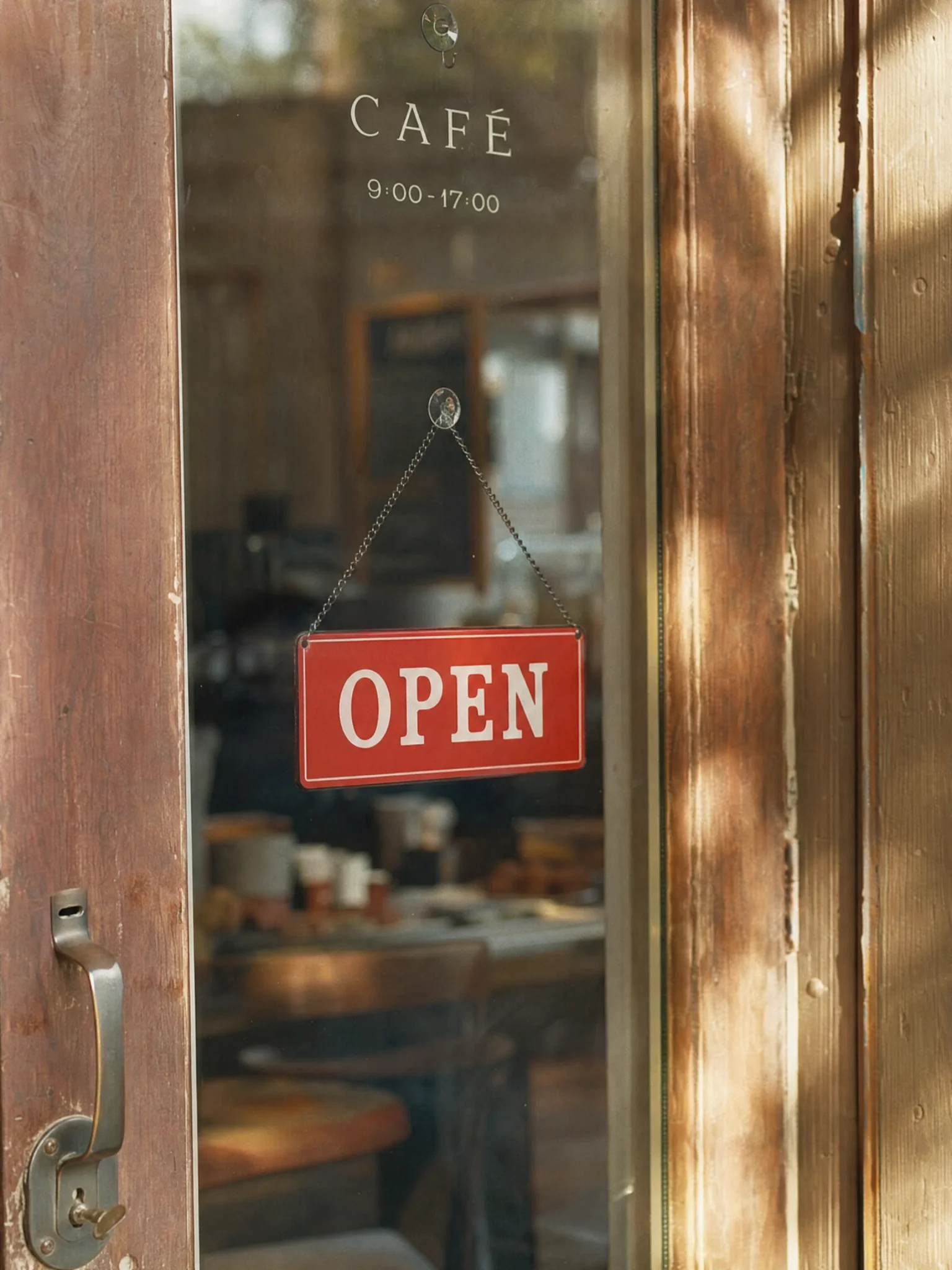 A vermilion enamel shop sign reading OPEN over a café door