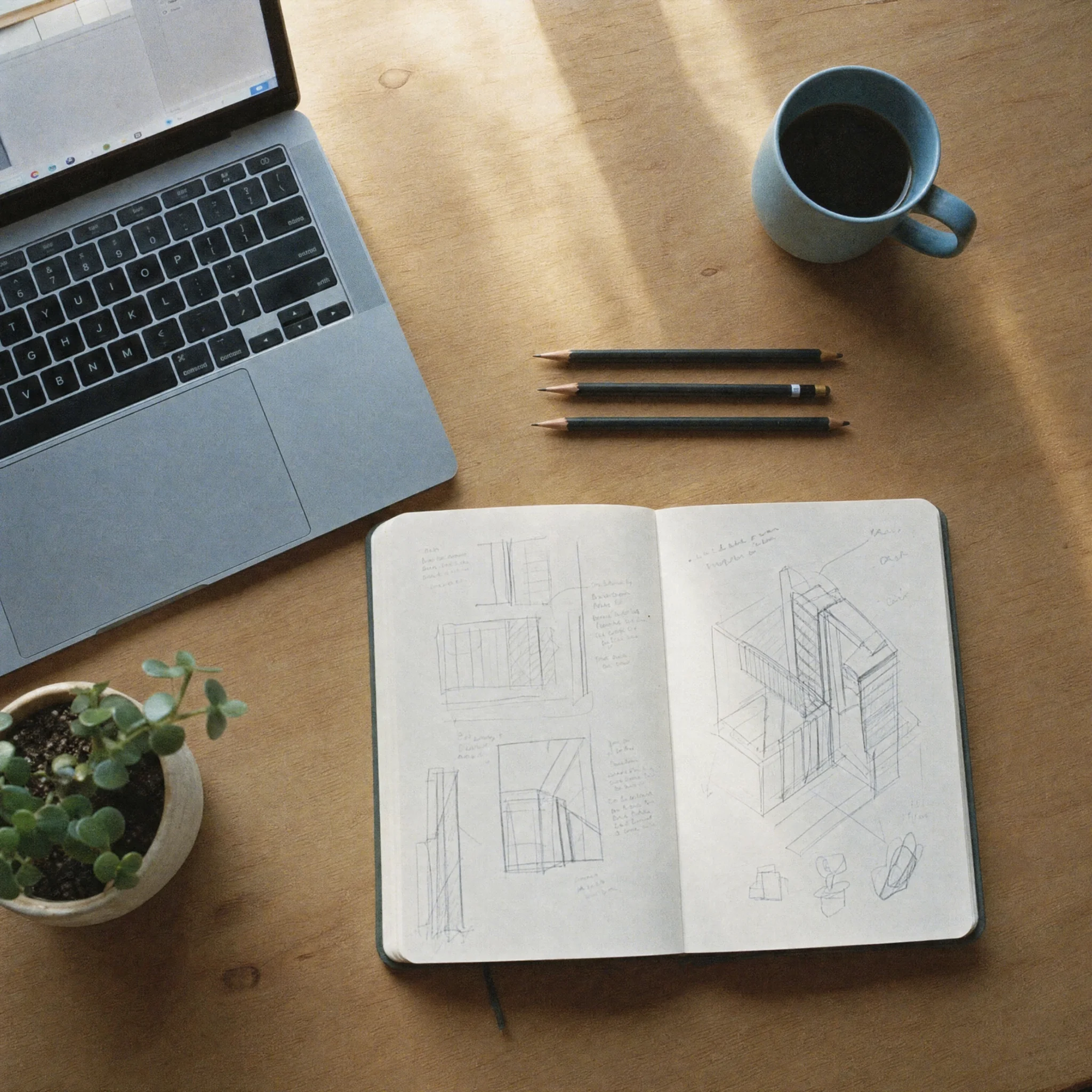 A studio desk arranged exactly as briefed