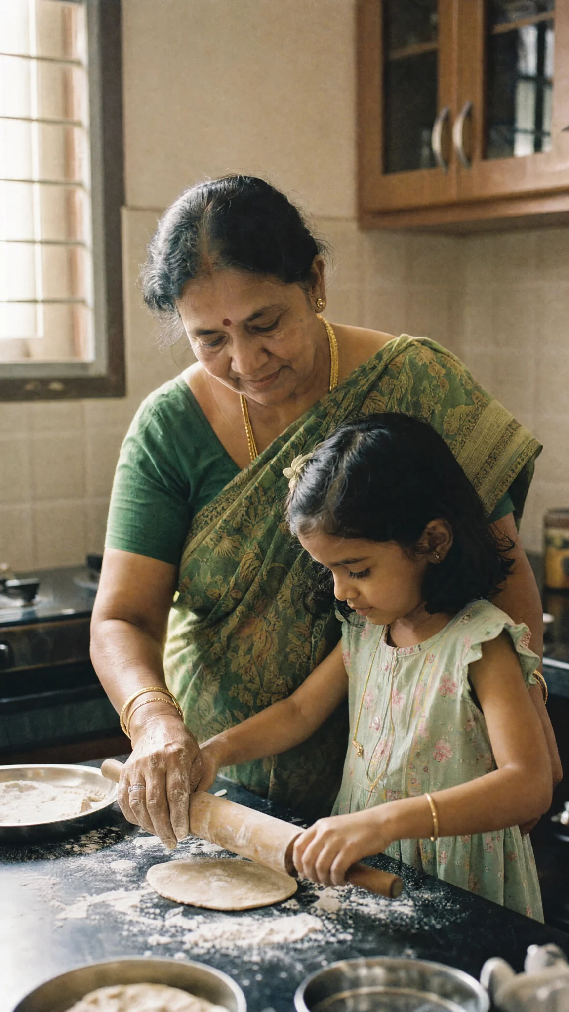 A South Asian grandmother and granddaughter cooking together