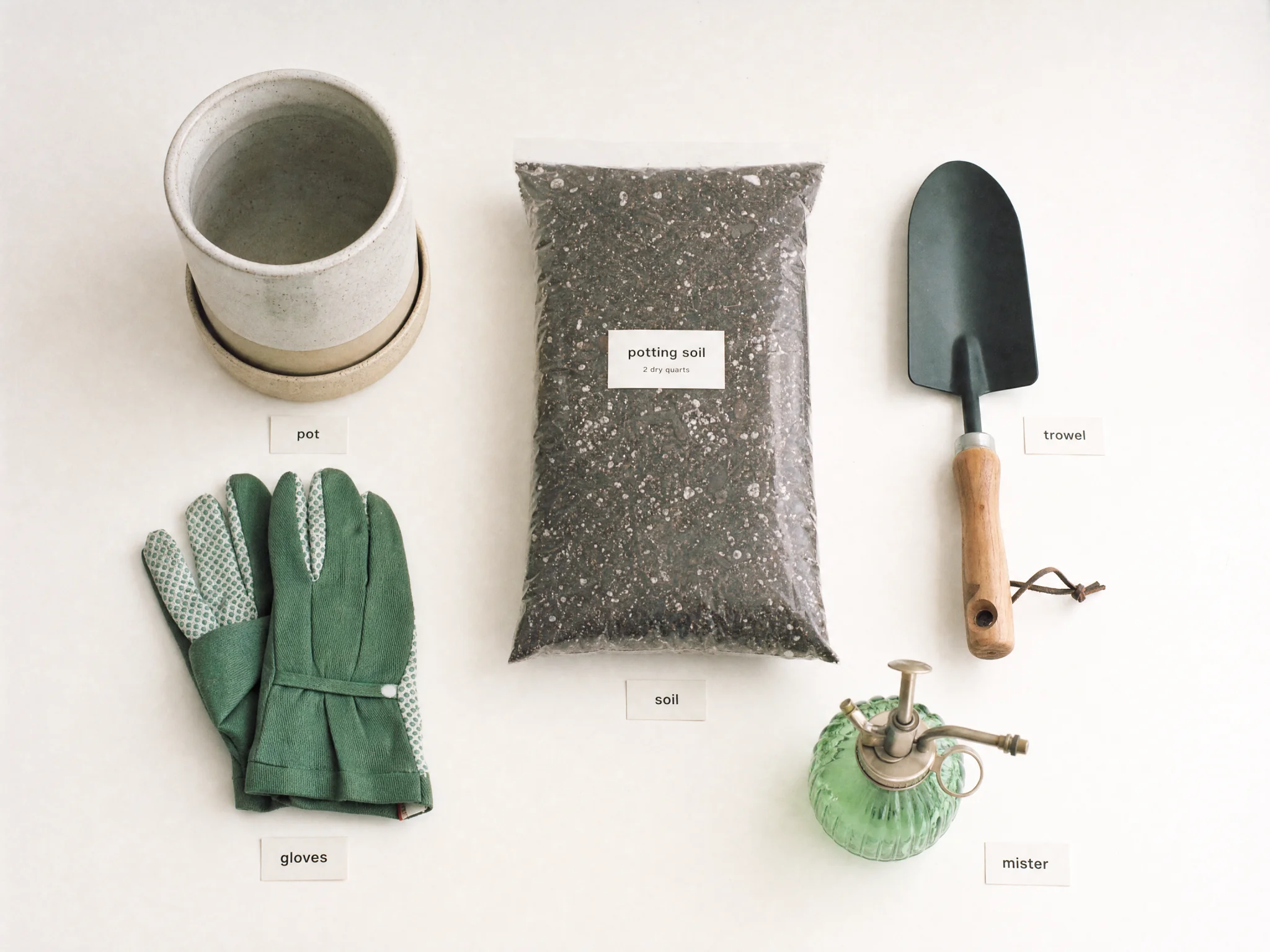 A labelled diagram of a houseplant repotting kit