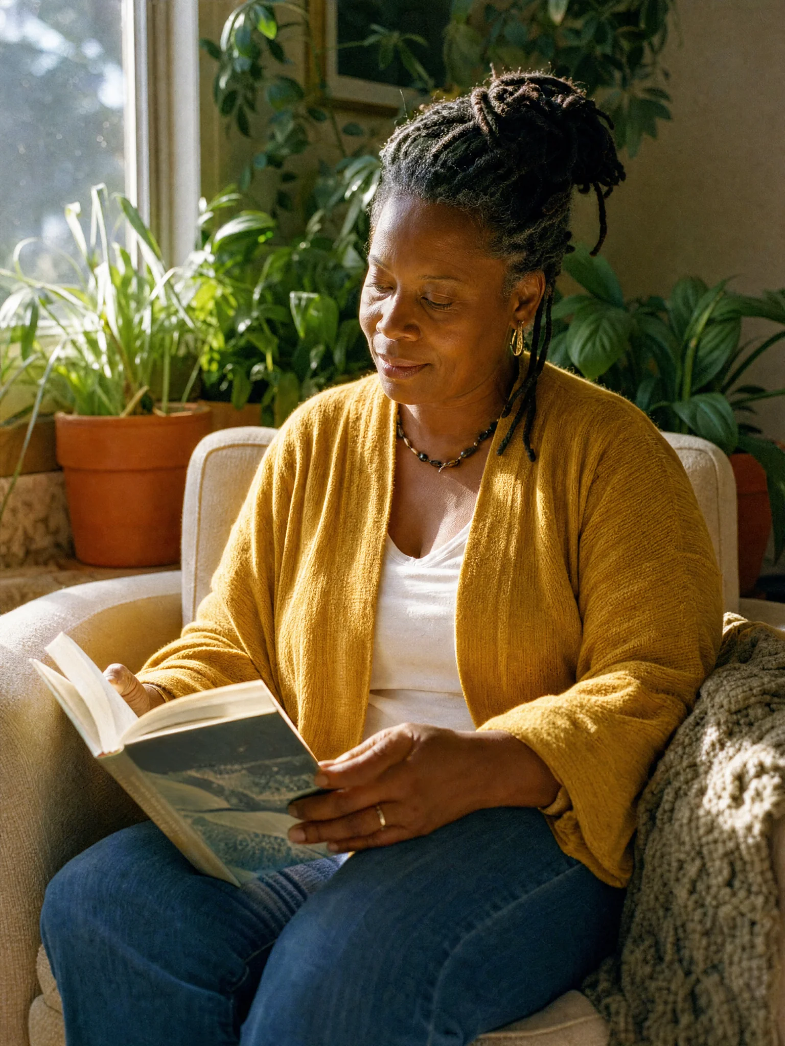 A Black woman in her 40s reading in a sunlit armchair