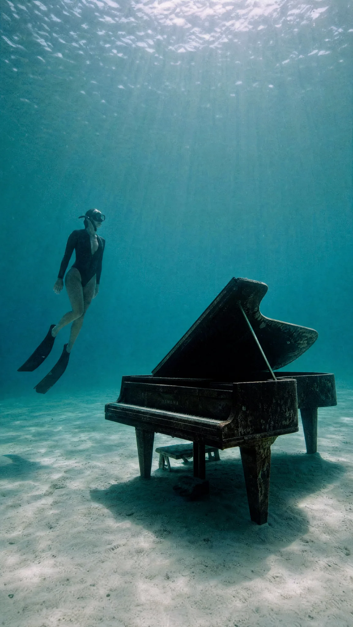 A diver floating beside a sunken grand piano