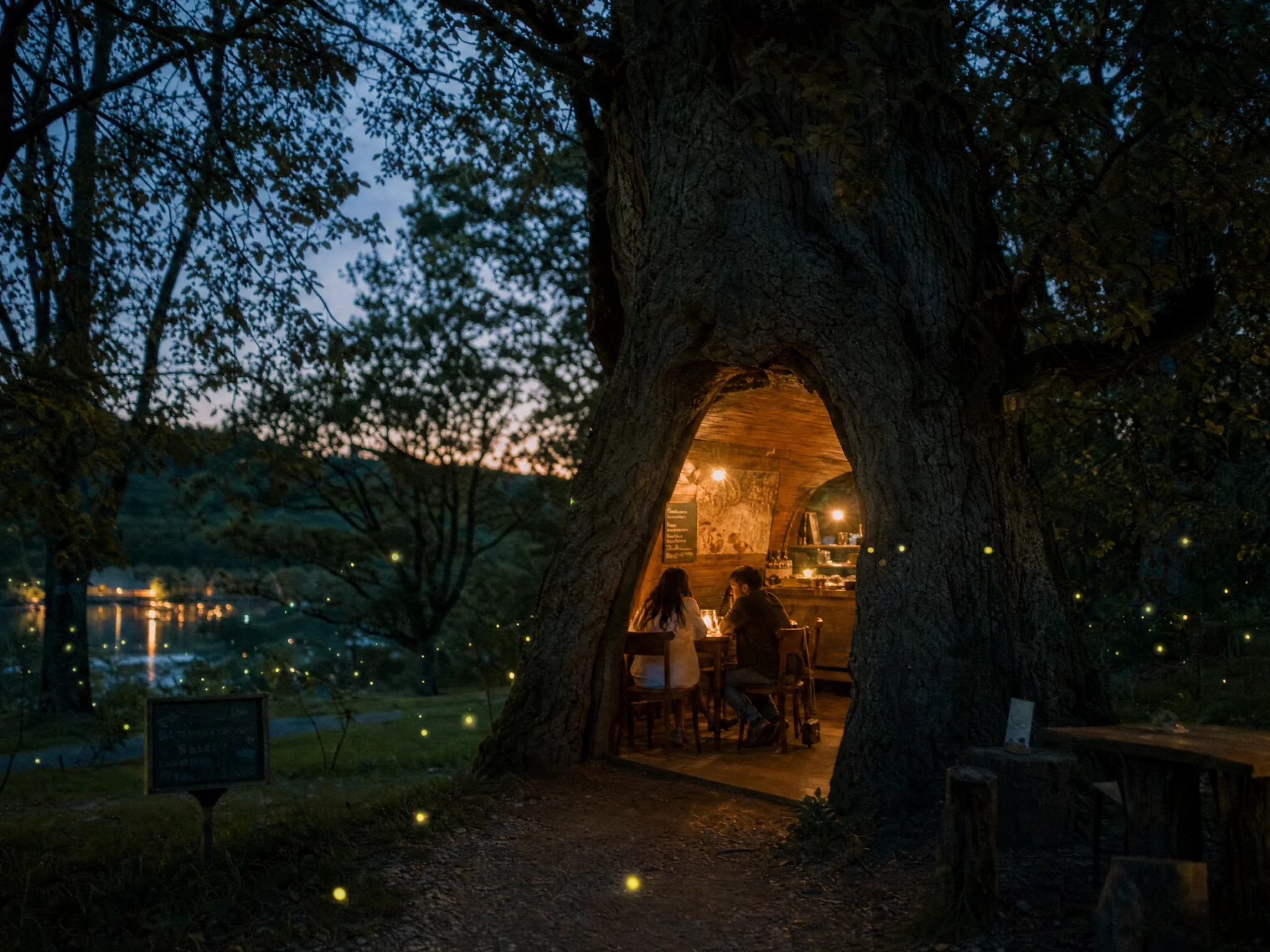 A tiny café inside a hollow tree