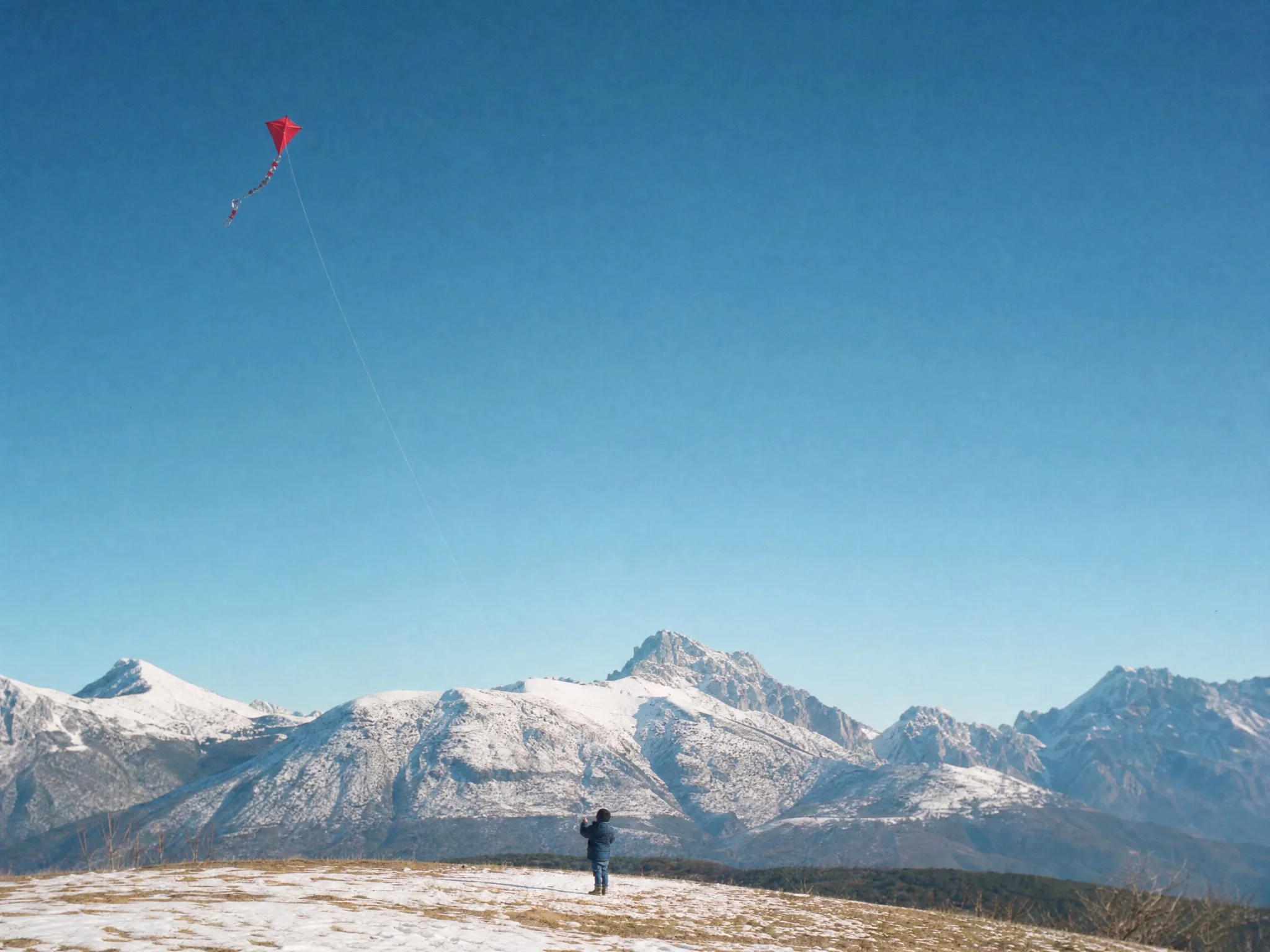 A red kite over snowy mountains