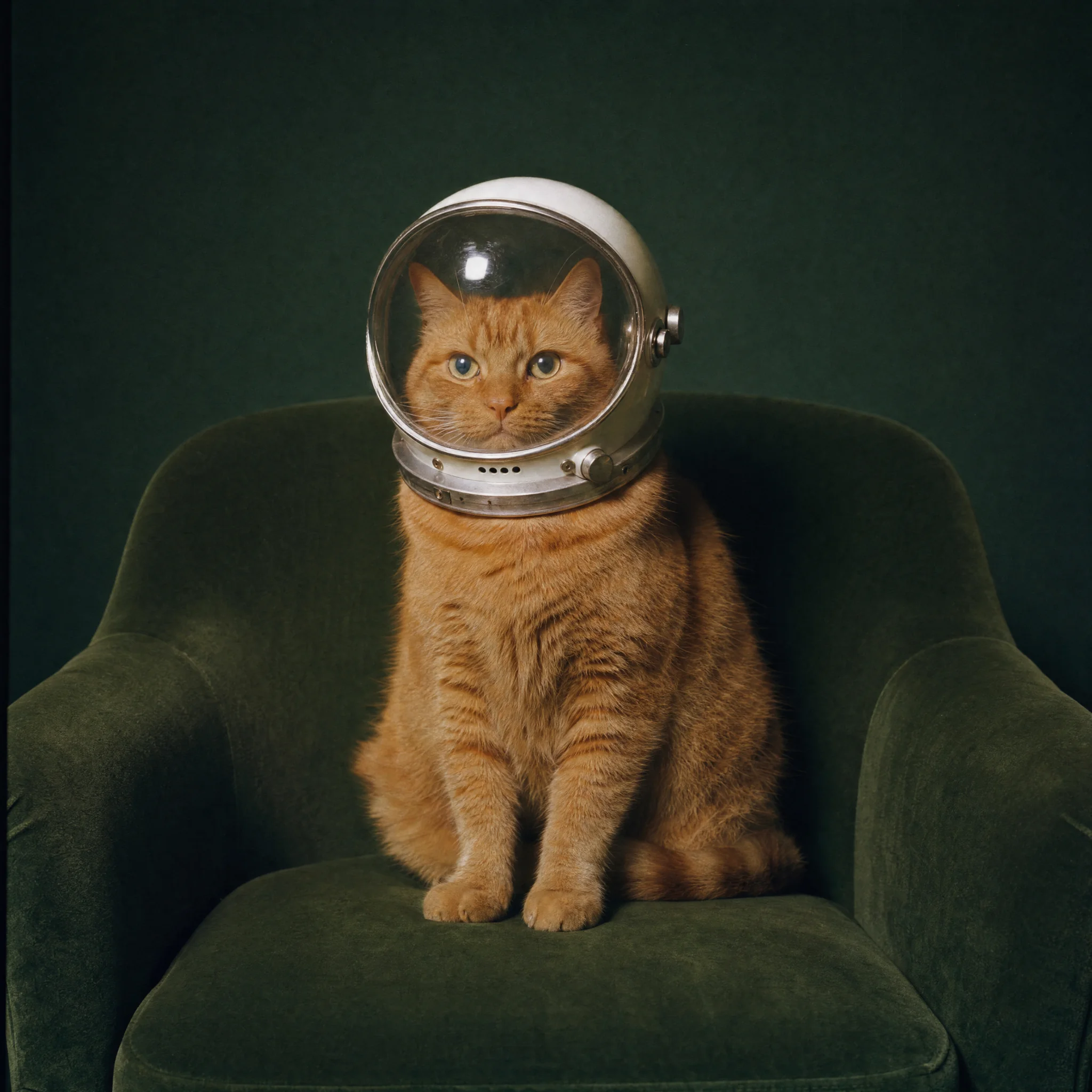 A cat astronaut in a retro helmet