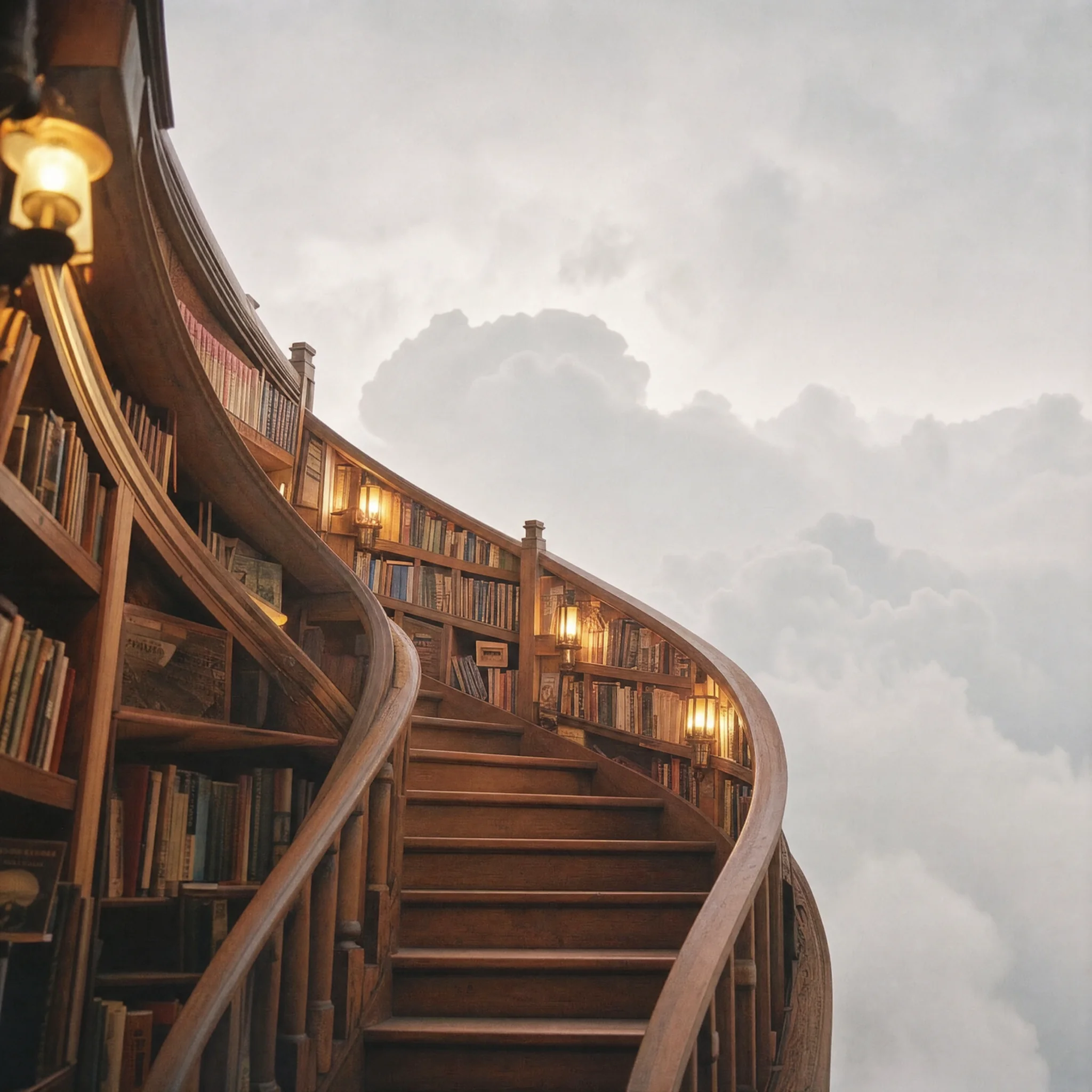 A library staircase spiralling into clouds