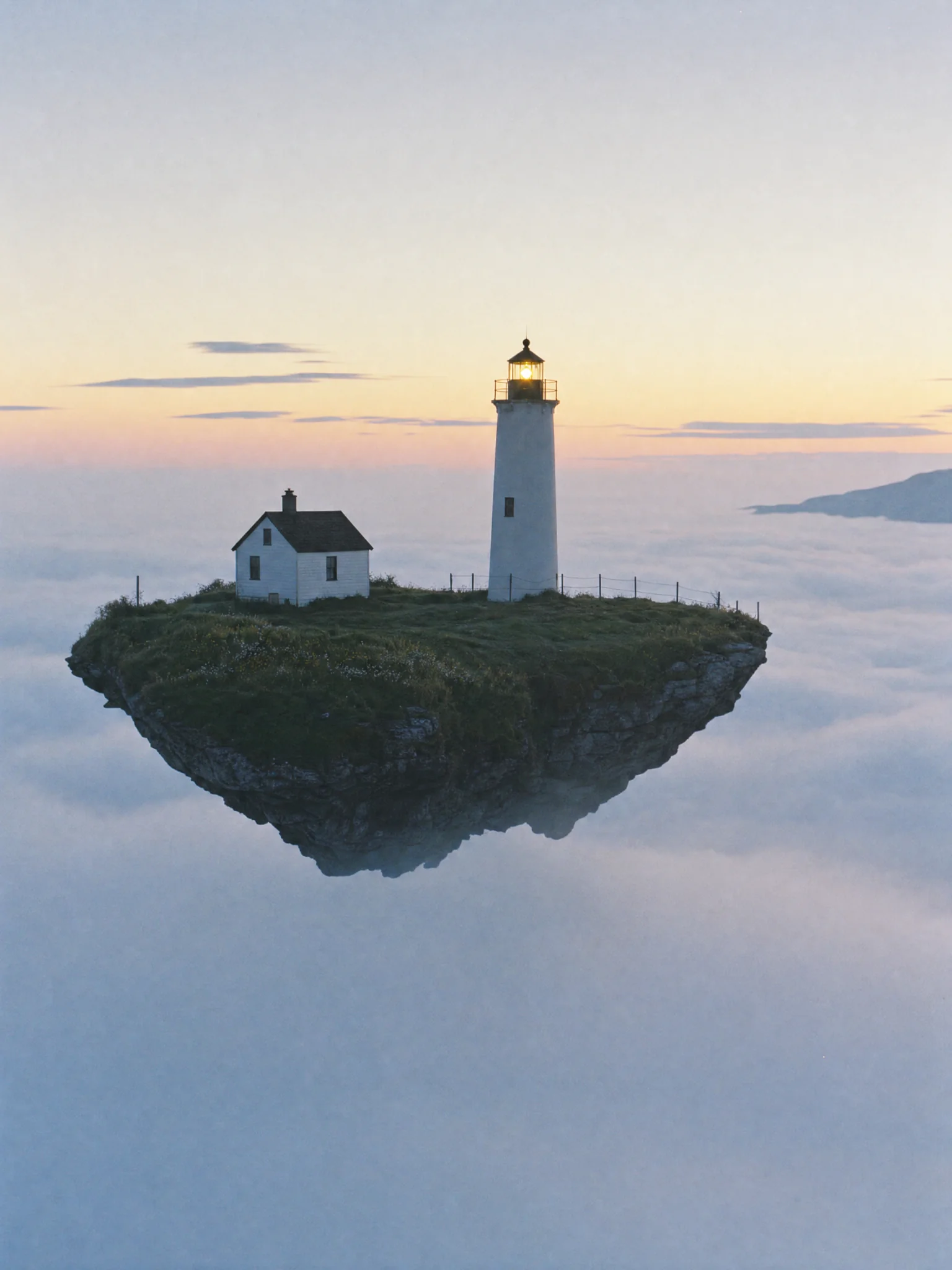 A lighthouse keeper's cottage on a floating island