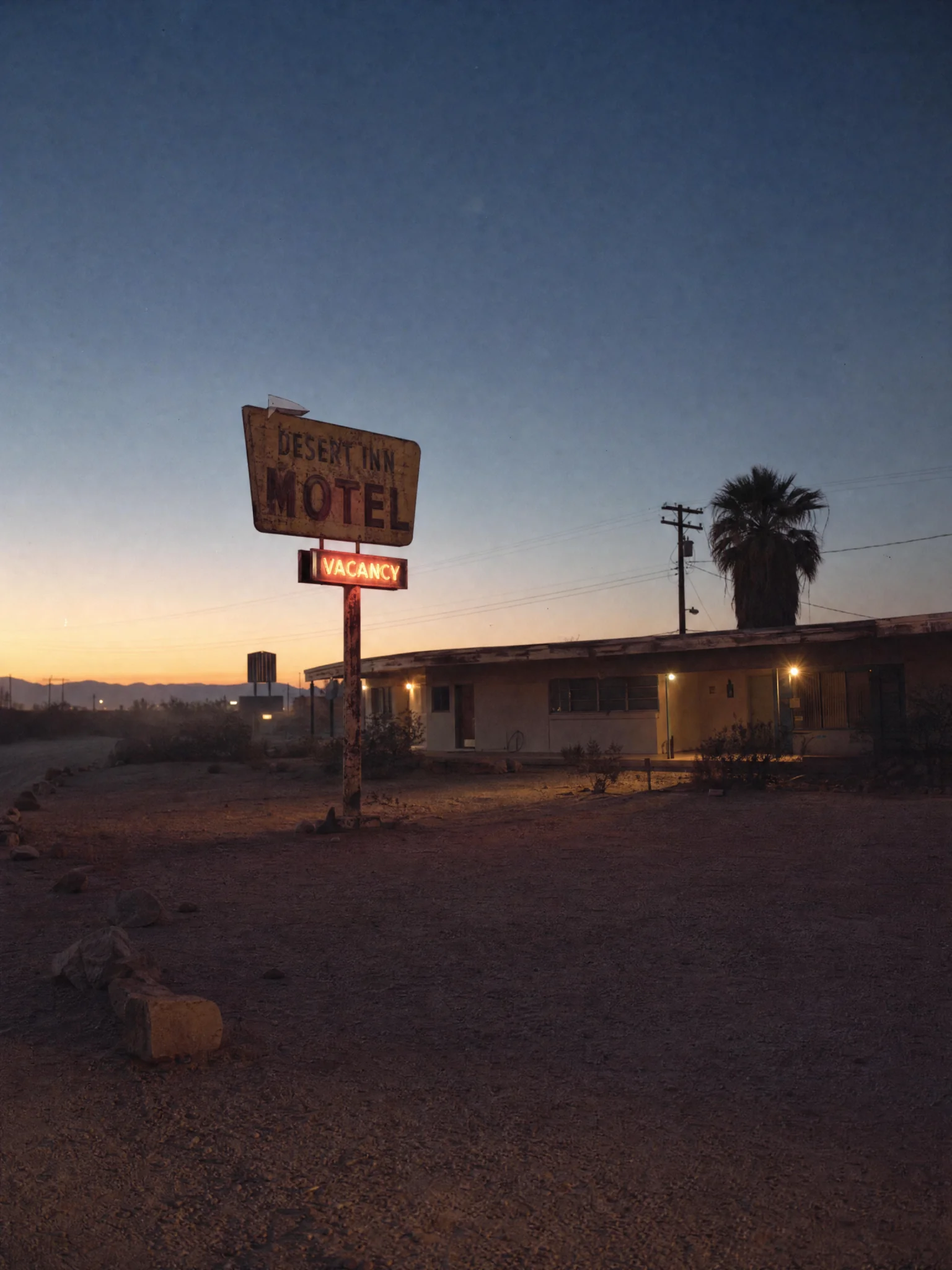 A desert motel with a single glowing sign