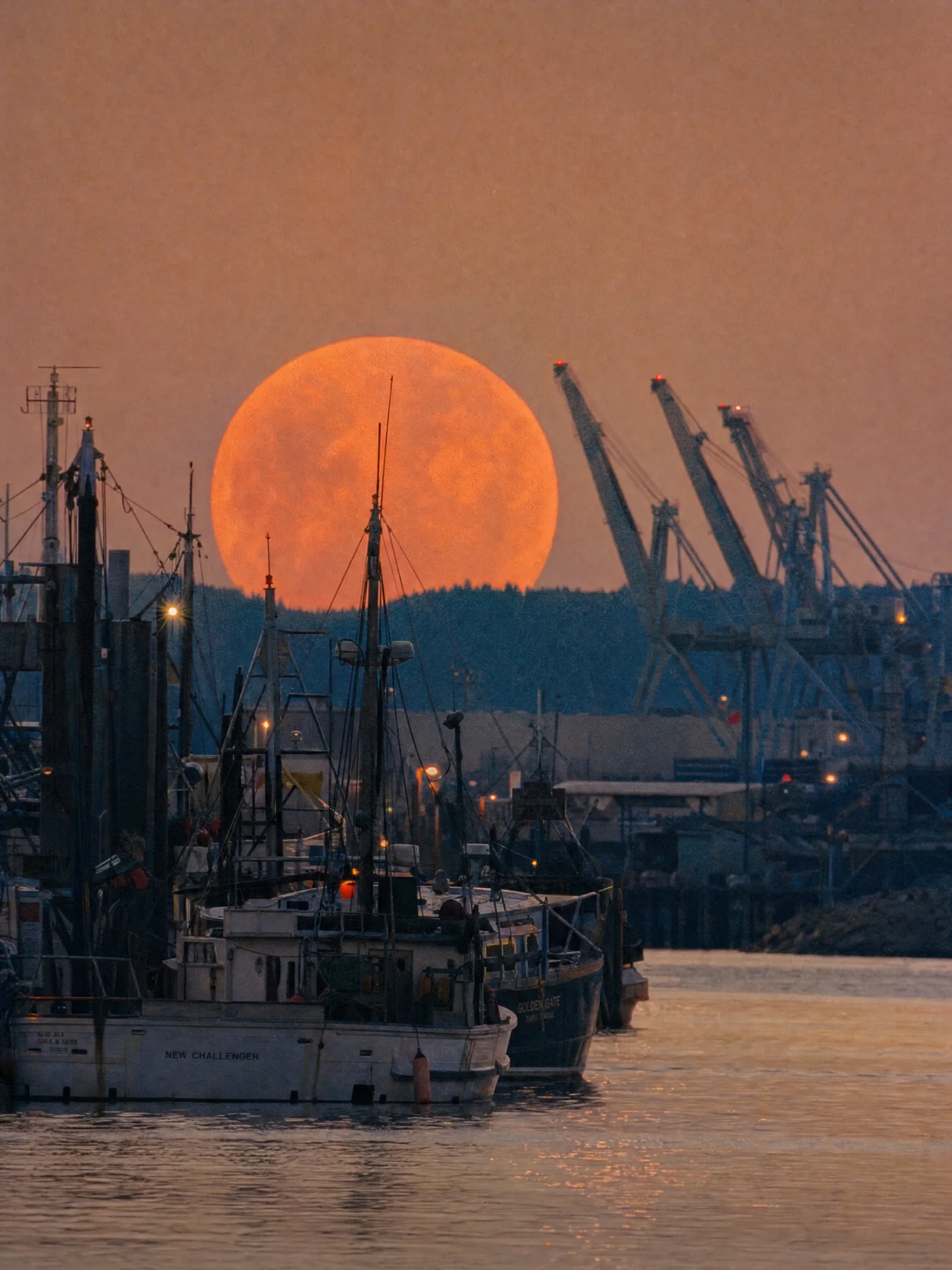 A giant orange moon rising over a quiet harbour