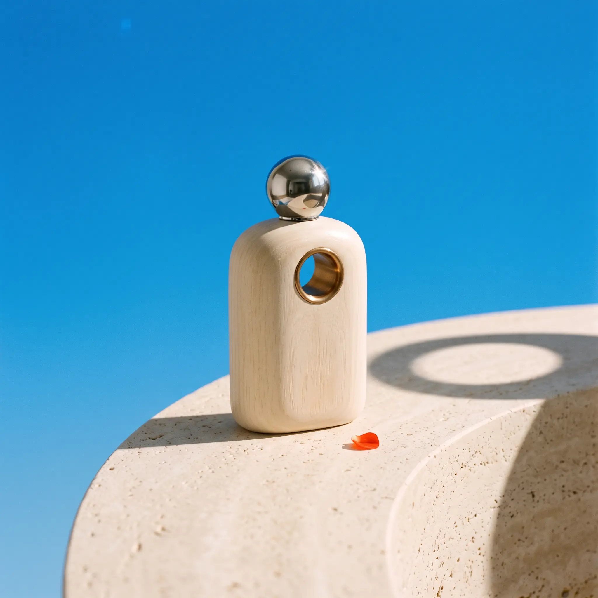 The ivory perfume bottle on a curved stone ledge under a blue sky