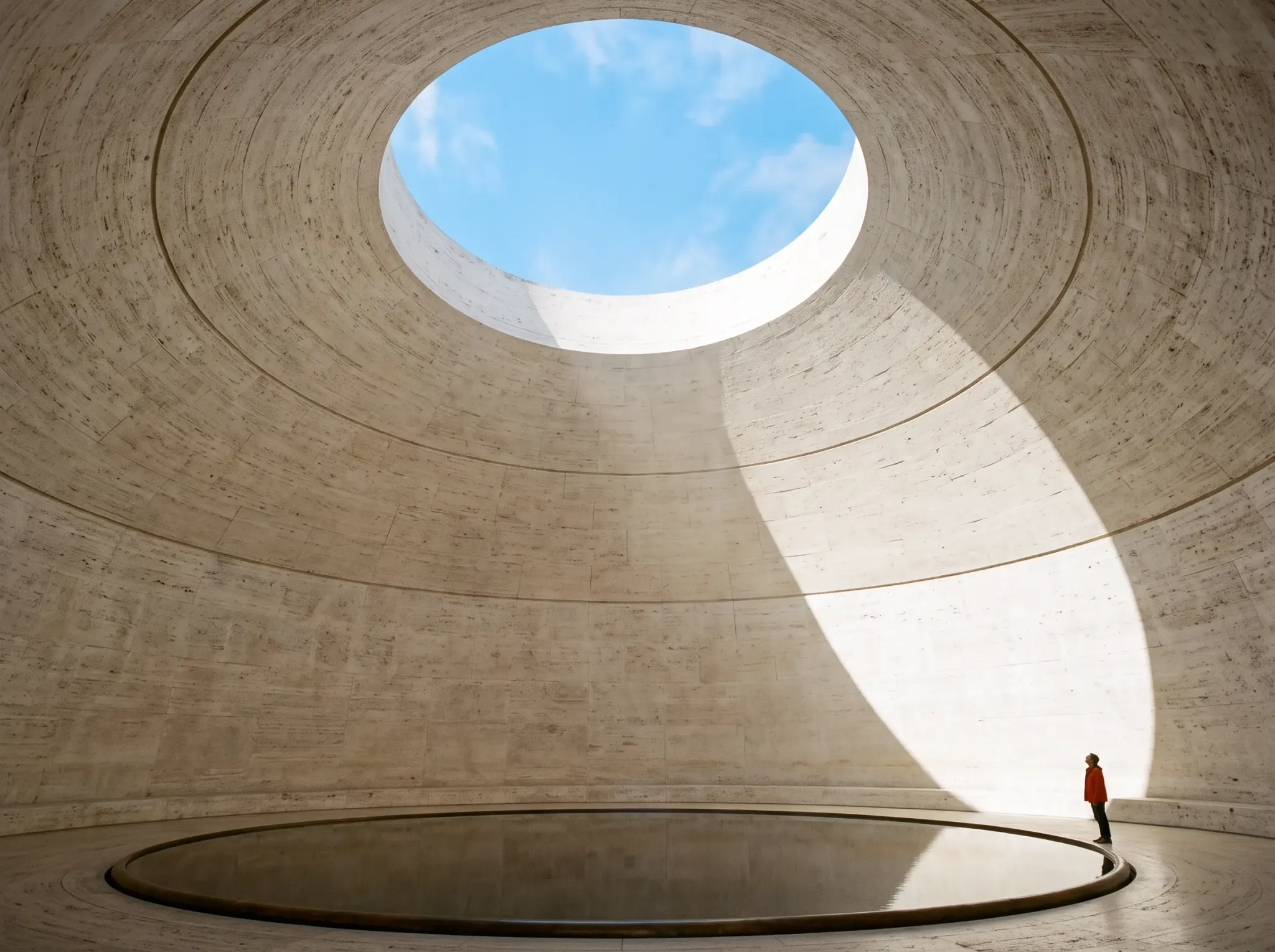 A circular stone chamber with an oculus and a shaft of sunlight