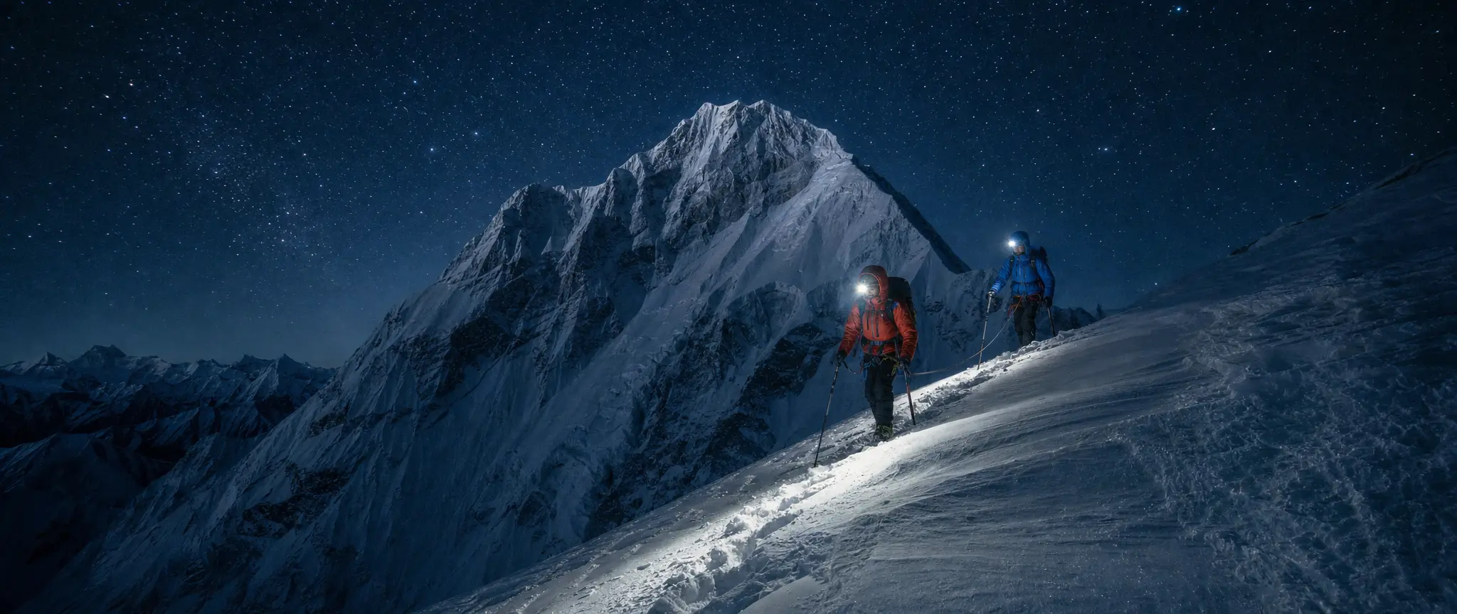 Two mountaineers crossing a moonlit snowy ridge