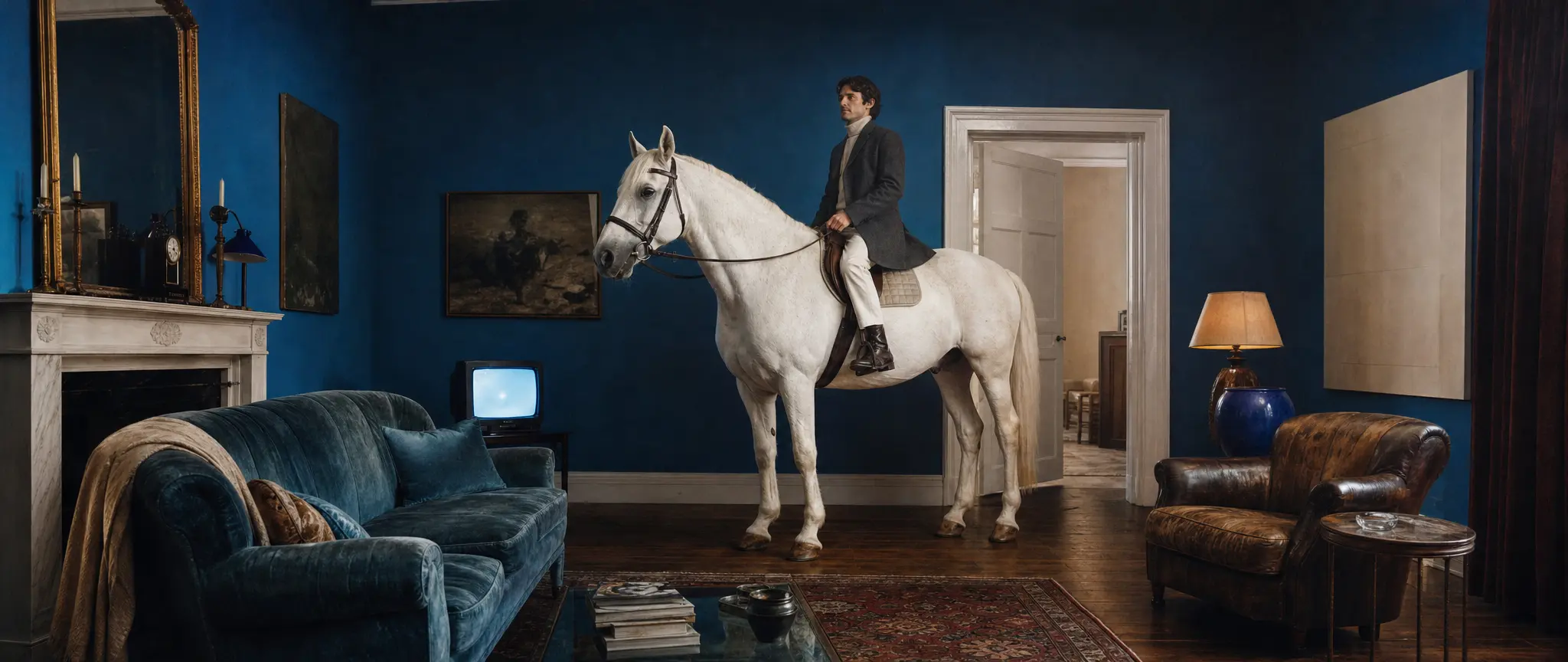A white horse and rider inside a richly textured blue living room