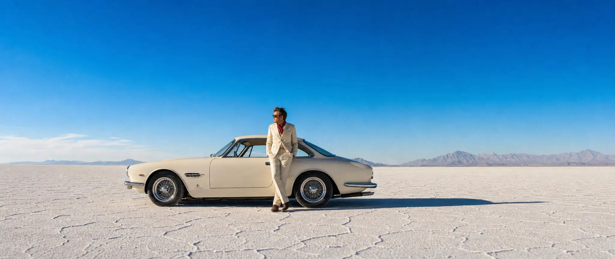 An ivory grand-touring coupe on a white salt flat under an azure sky