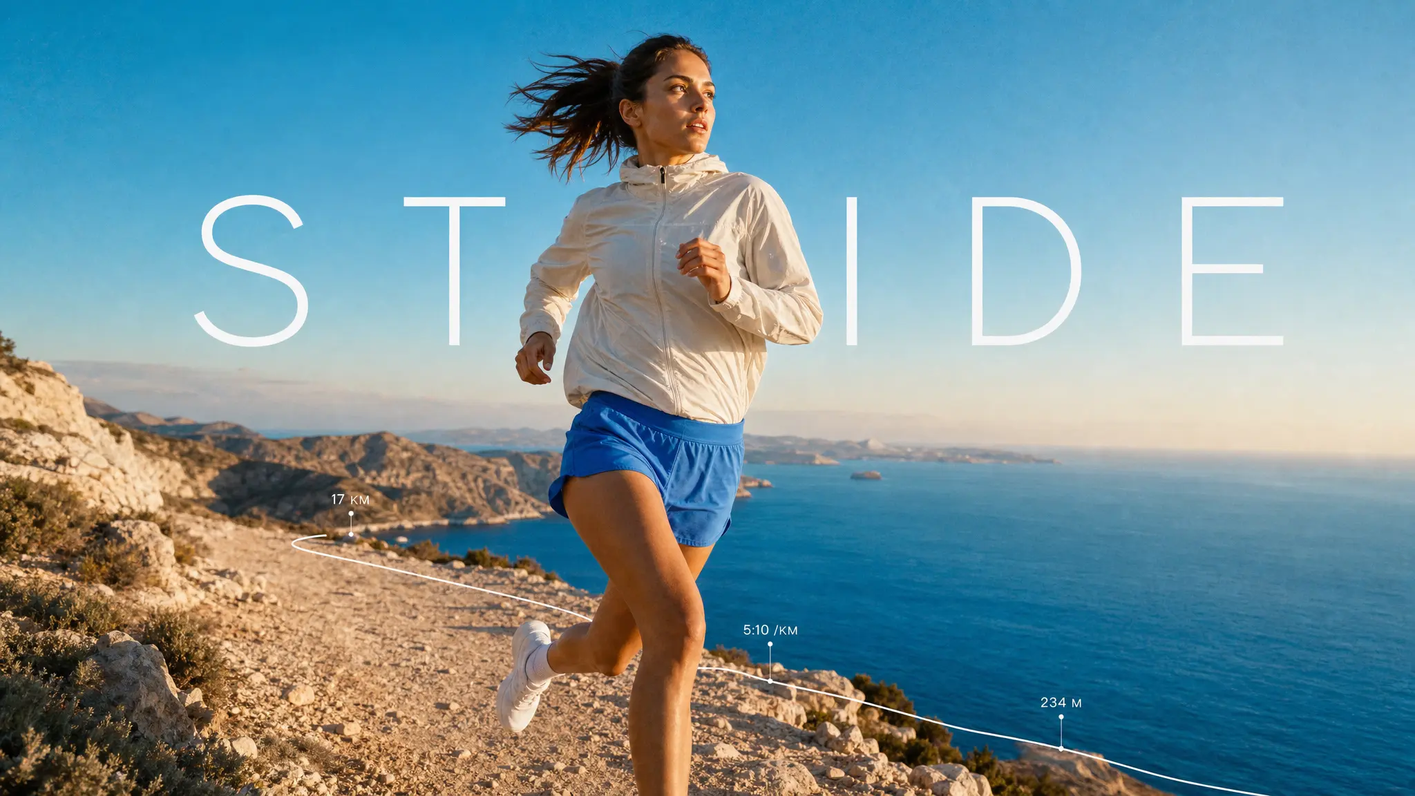 A coastal running campaign with subtle route graphics and editorial typography
