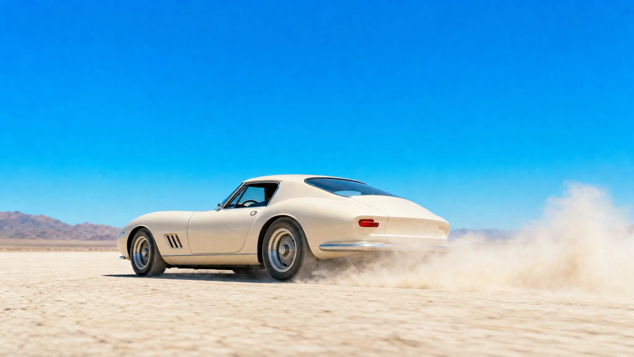 An ivory sports coupe sweeping across pale sand beneath an azure sky
