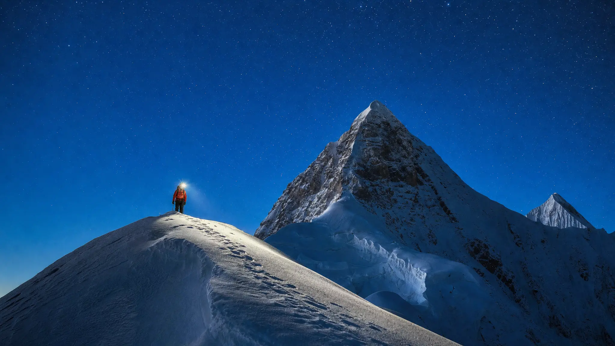 A lone mountaineer with a headlamp on a moonlit snowy ridge