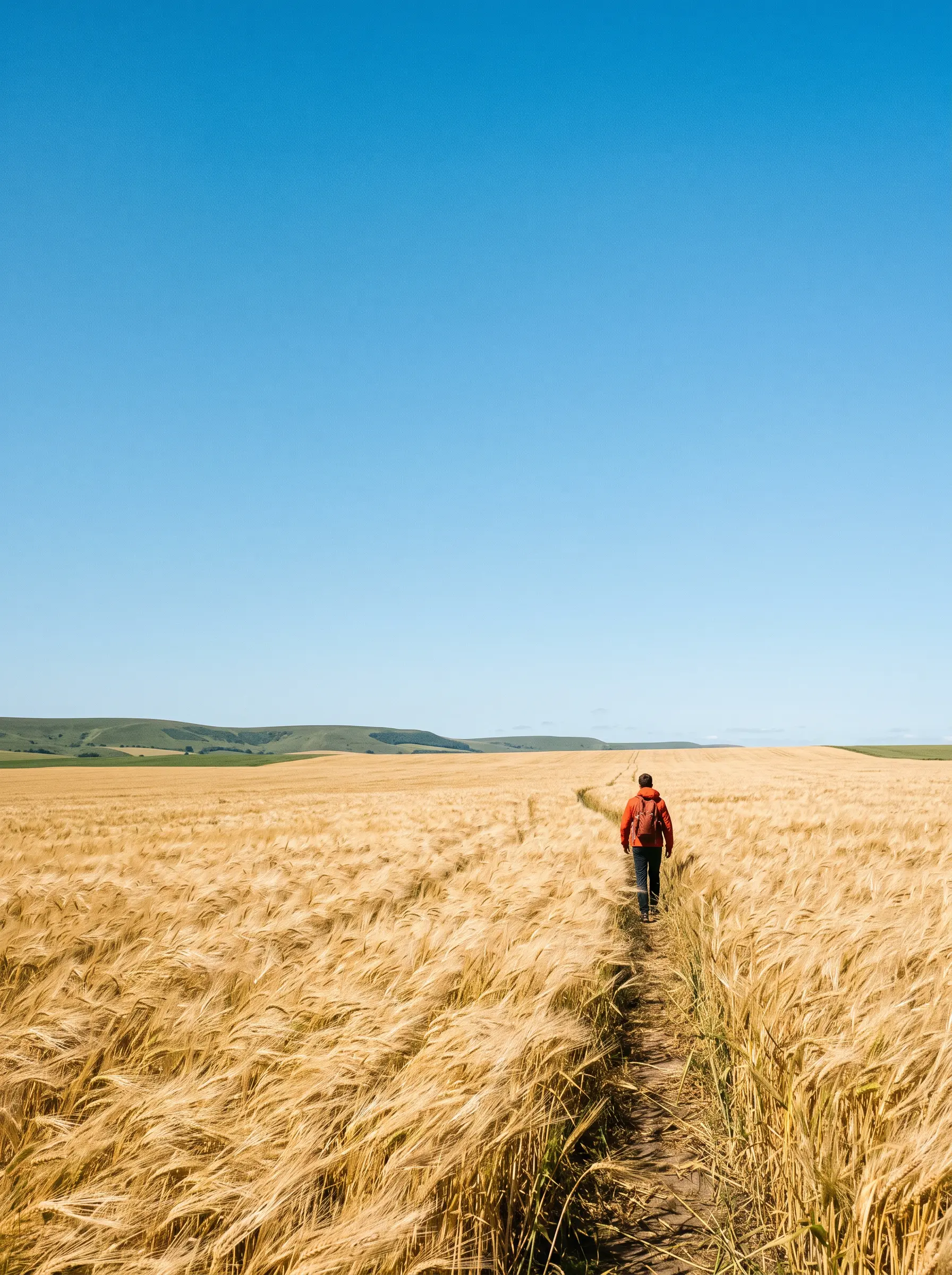 A lone traveller in a golden wheat field beneath a wide blue sky