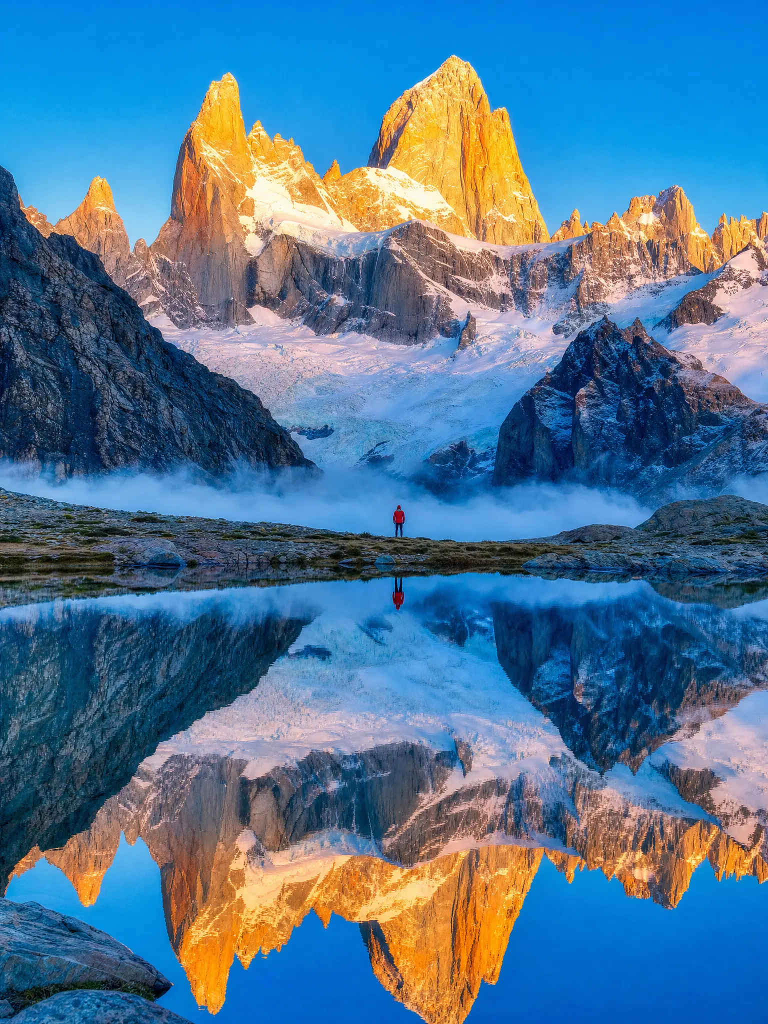 Golden alpine peaks reflected in a clear blue lake