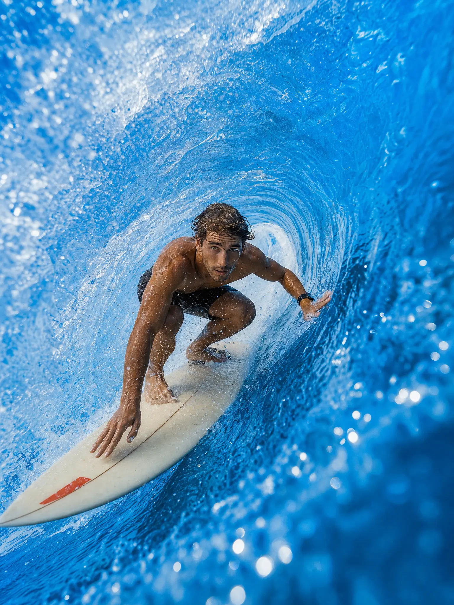 A surfer carving through a towering azure wave