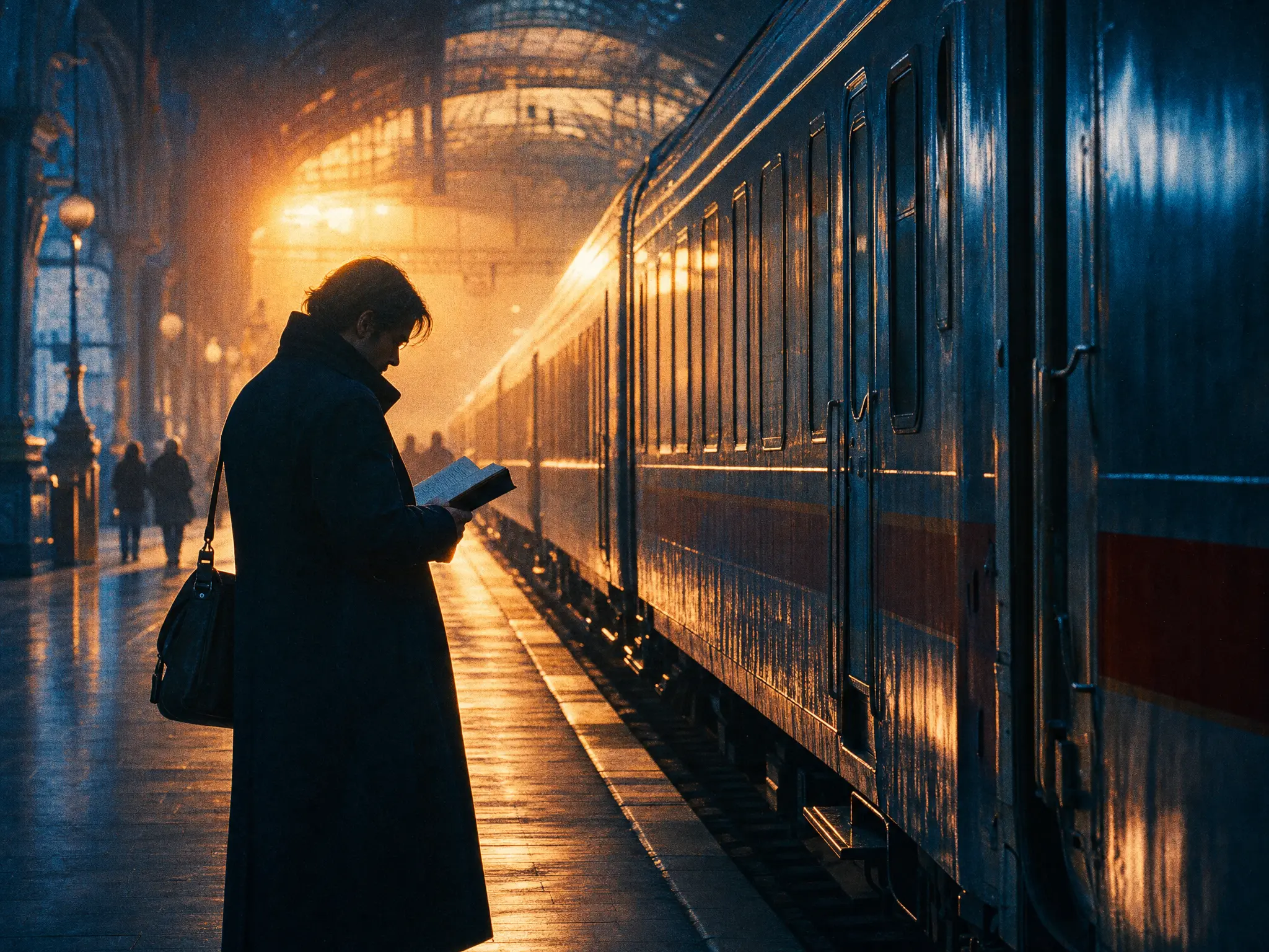 A traveller reading beside a train in golden platform light