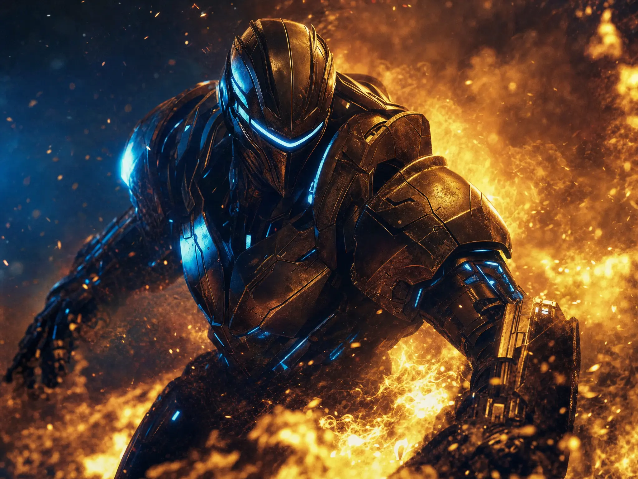 An original bronze robot surrounded by cinematic fire and blue rim light