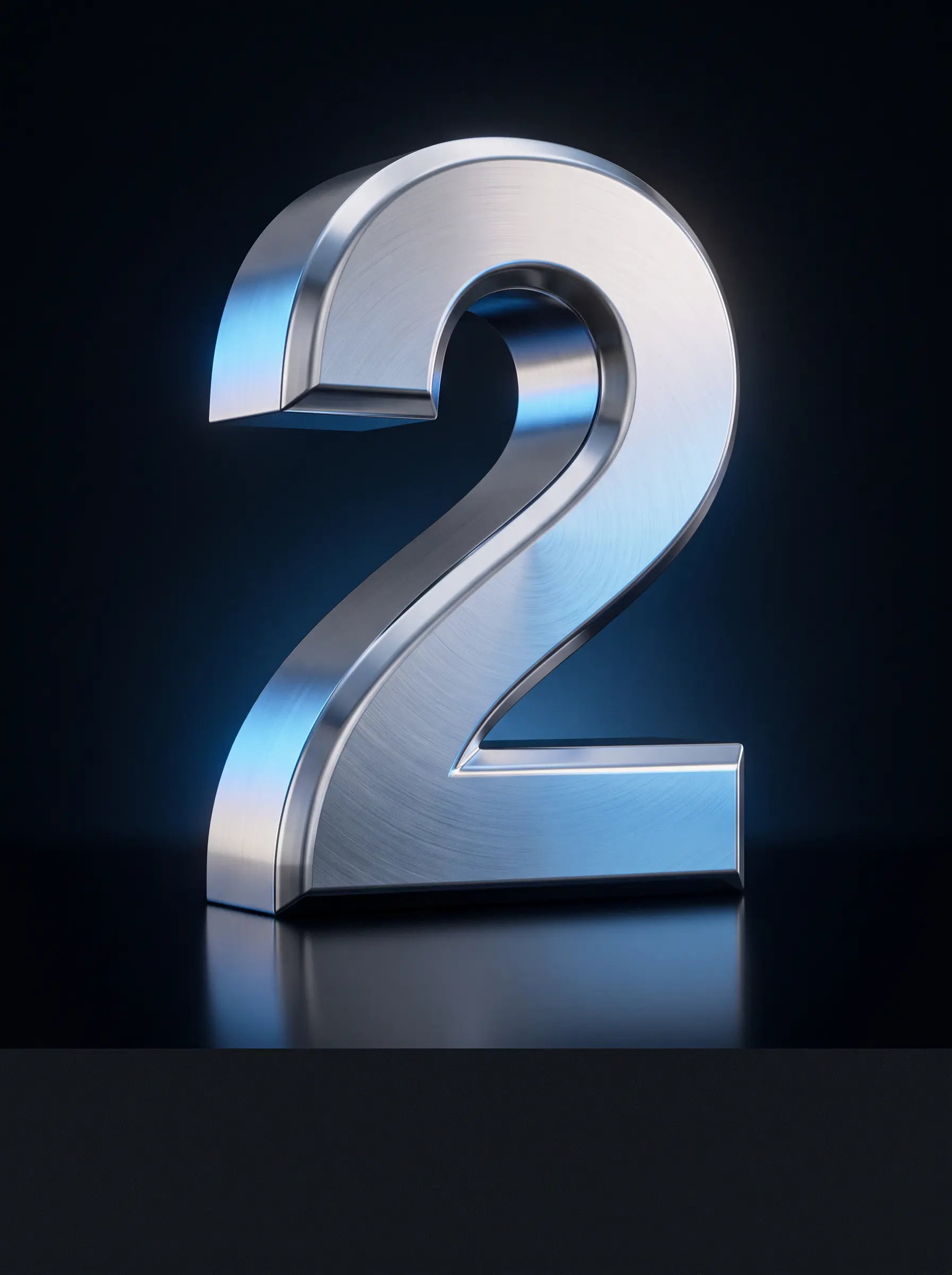 A platinum numeral 2 reflecting blue light in a dark studio