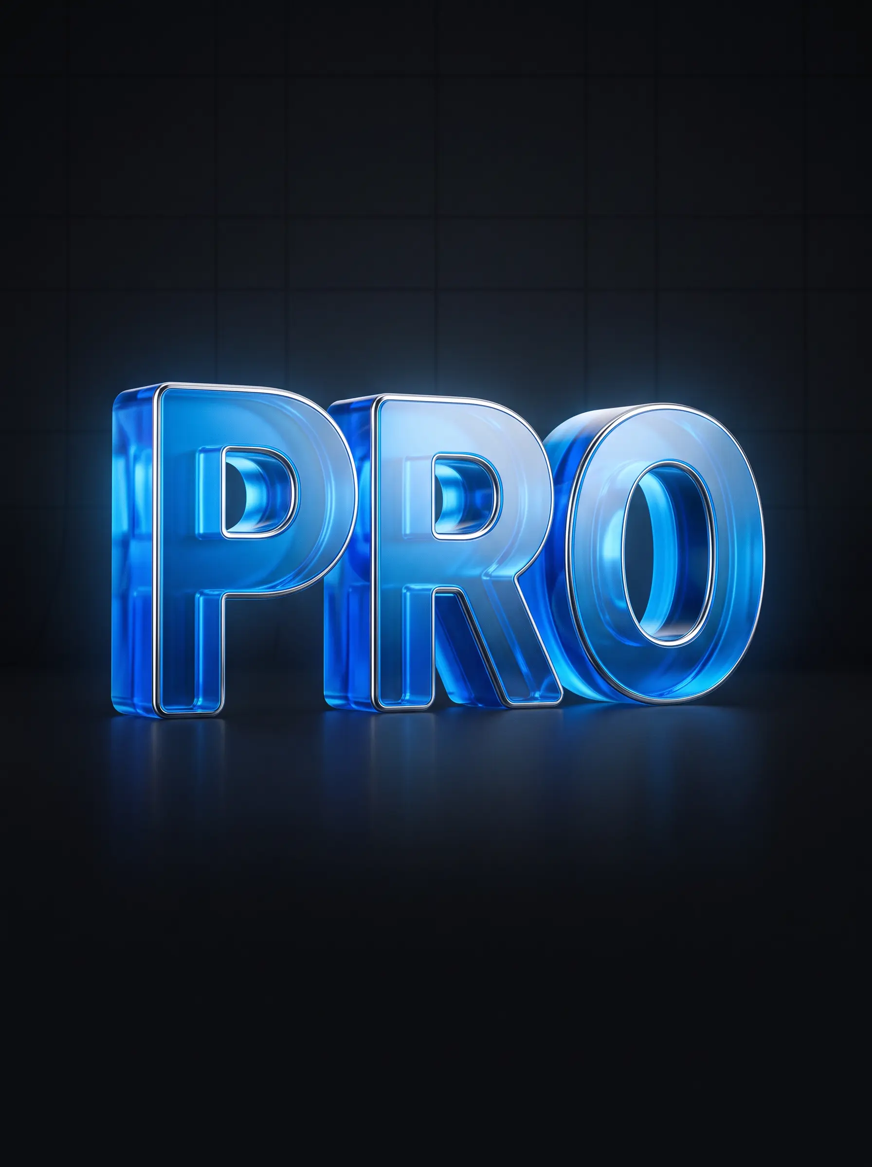 The word PRO rendered as luminous blue glass lettering