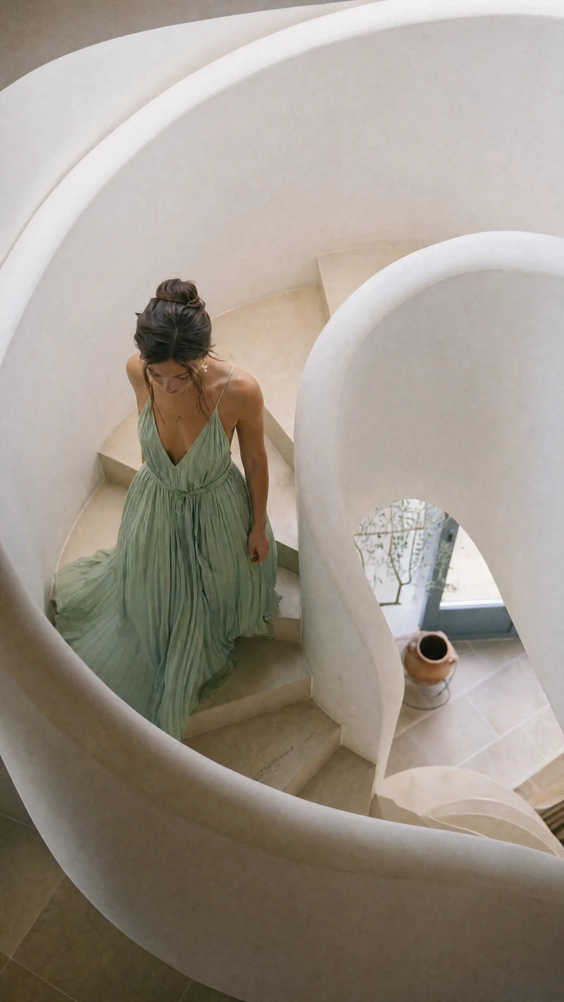 A tall shot of a model on a spiral staircase