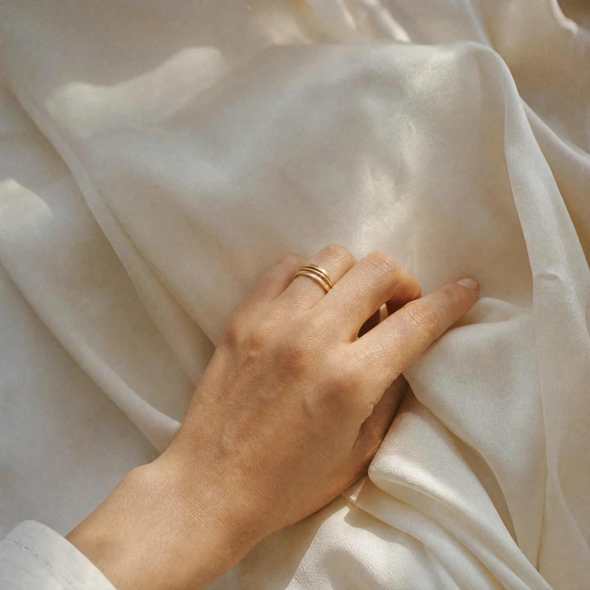 A close-up of a hand with gold rings