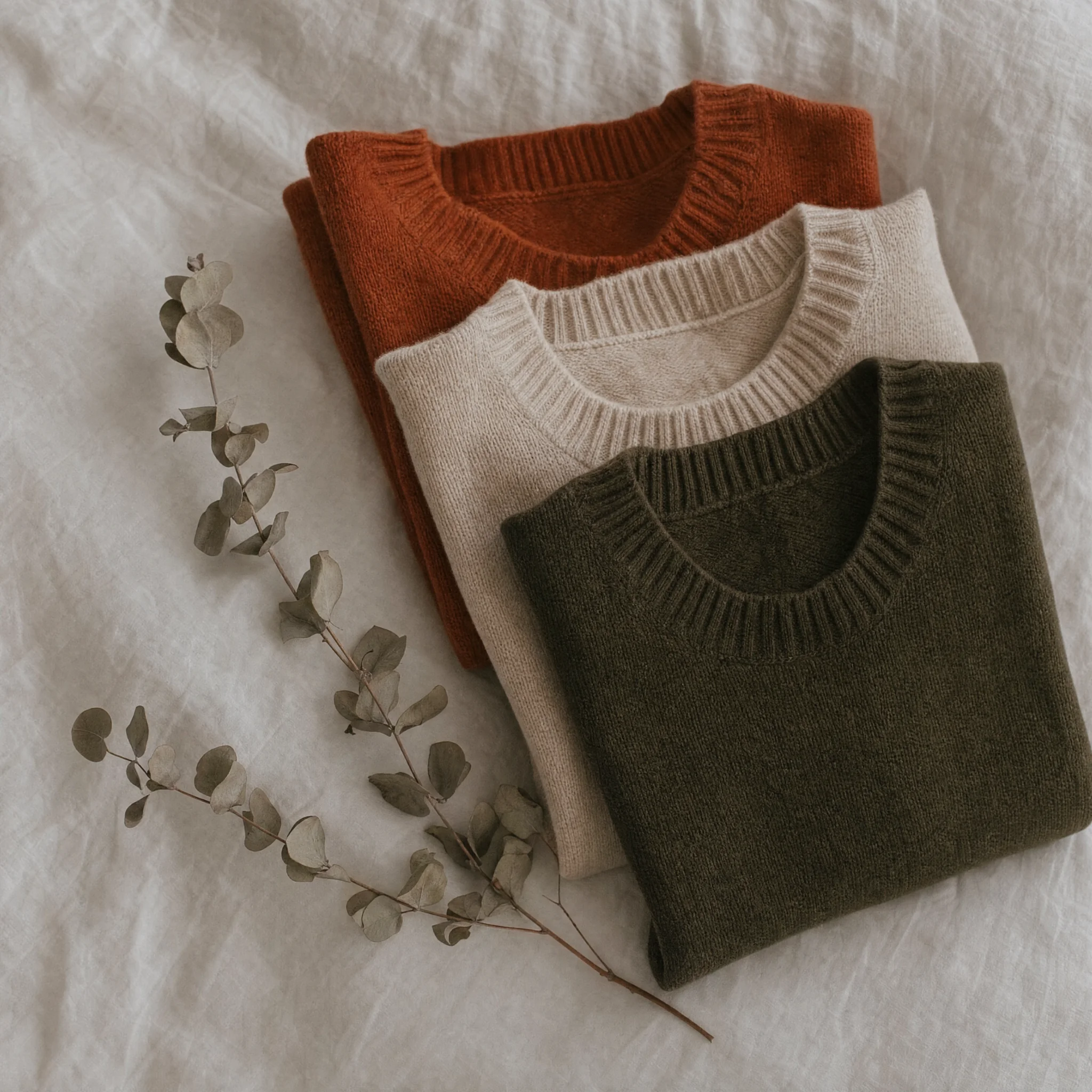 A knitwear flat lay in autumn tones