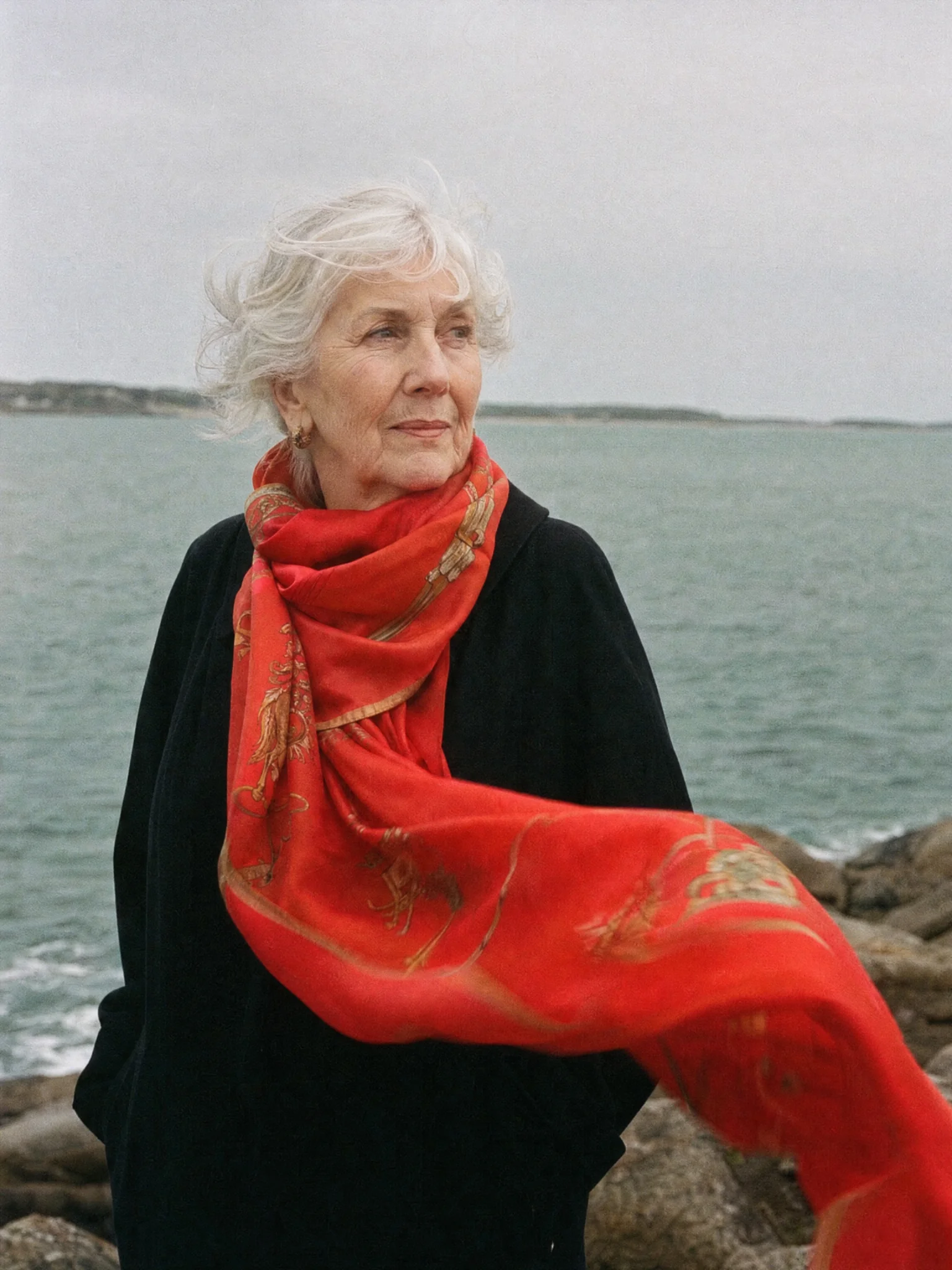 A older woman in a silk scarf by the sea