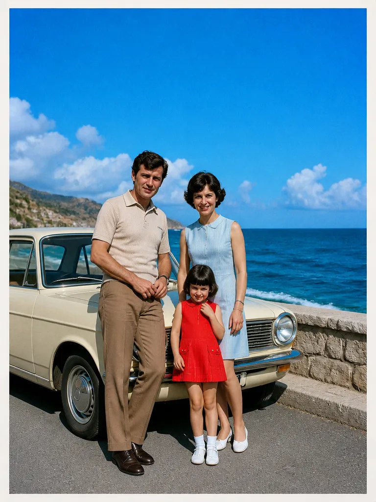 A restored 1970s family photo by a vintage car