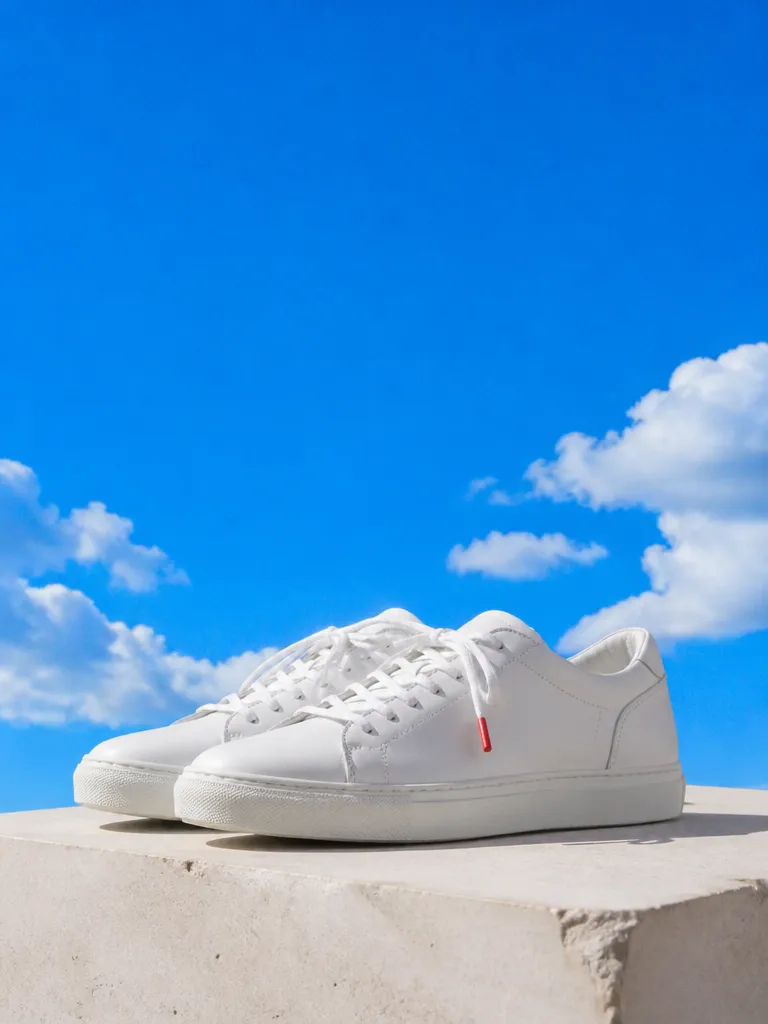 White sneakers on a plinth against a blue sky