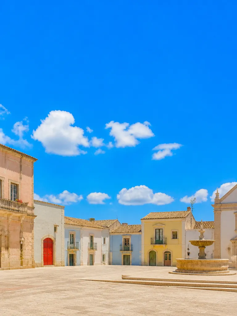An empty town square with pastel houses