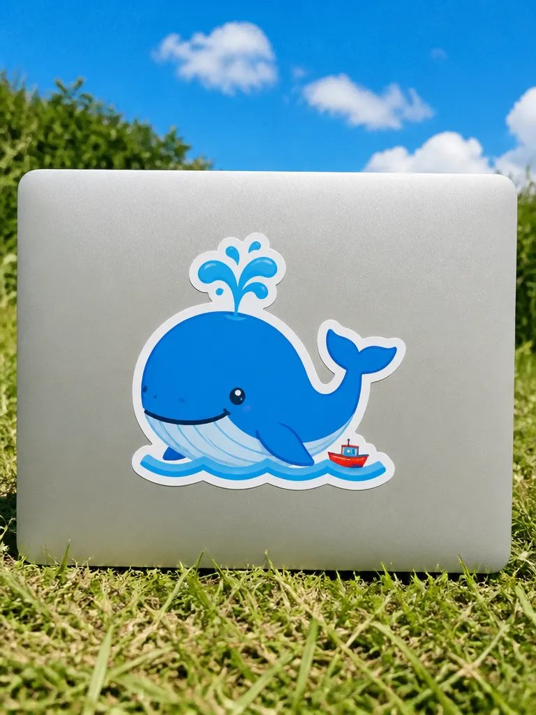 The whale as a glossy die-cut sticker on the laptop