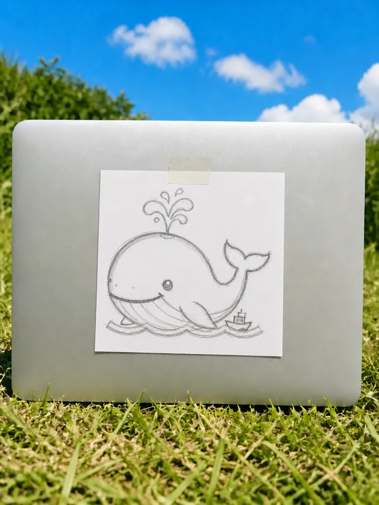 A pencil sketch of a whale on the laptop
