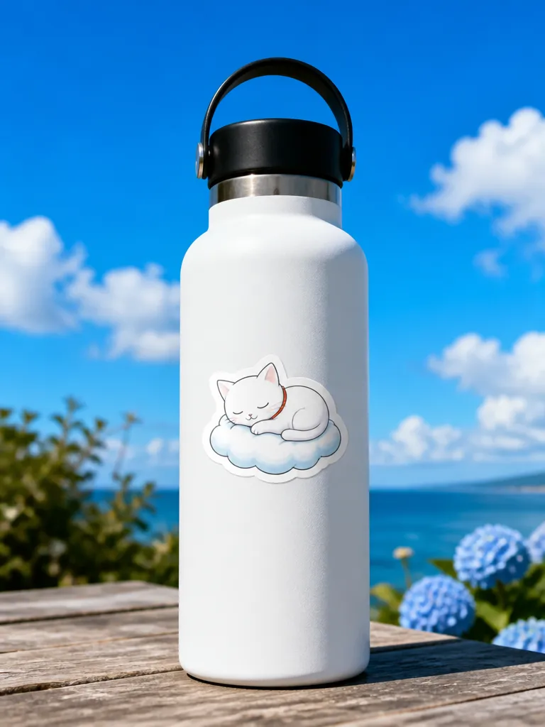 A sleepy cat on a cloud sticker on a water bottle