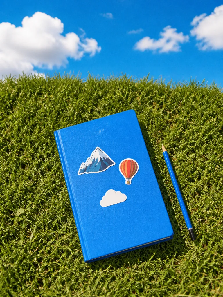 A notebook covered in stickers on grass
