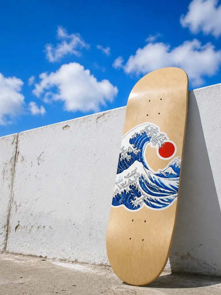 A wave sticker on a skateboard deck