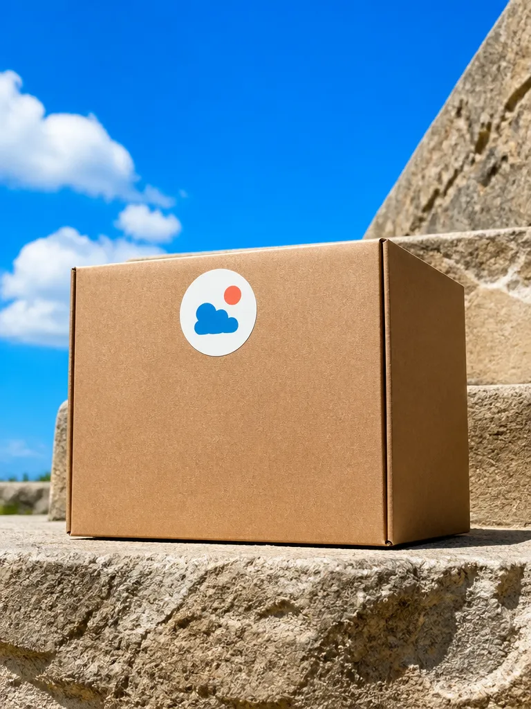 A shipping box sealed with a round sticker